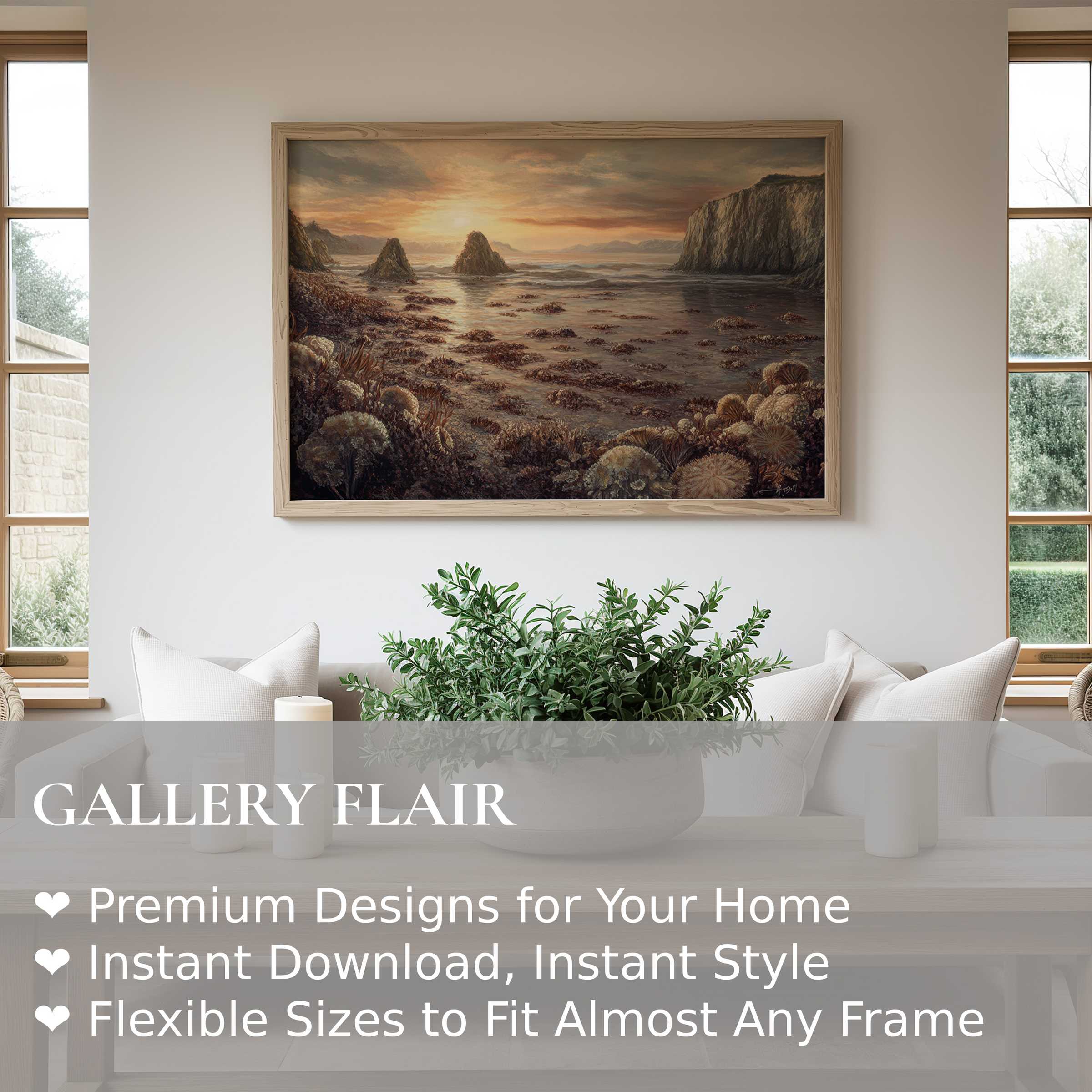 Coastal wall art print featuring a radiant sunset over tide pools, evoking calm and natural elegance in a modern minimalist living space
