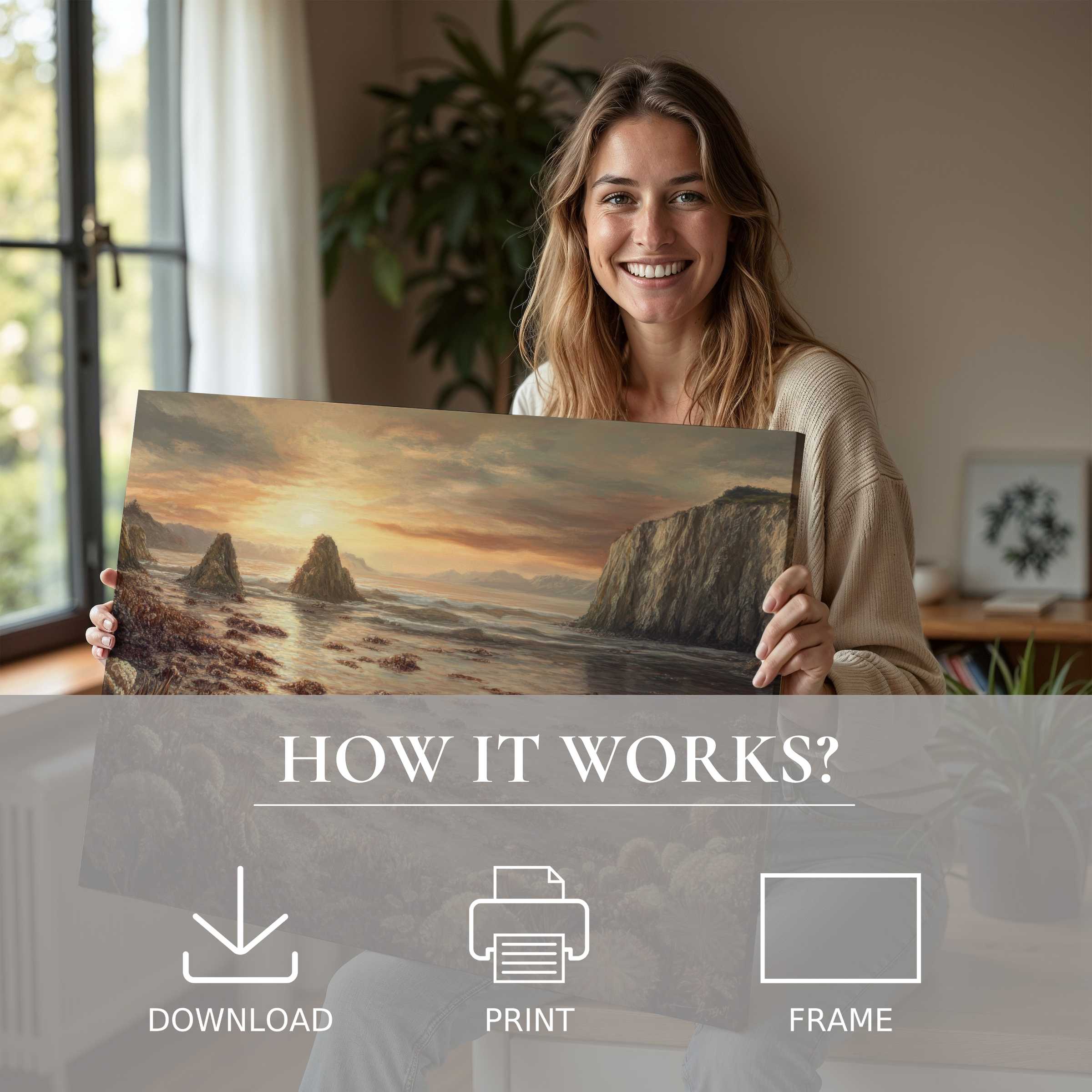 Coastal digital art print inspiring serene moments of joy, elegantly transforming modern spaces with effortless style and warmth