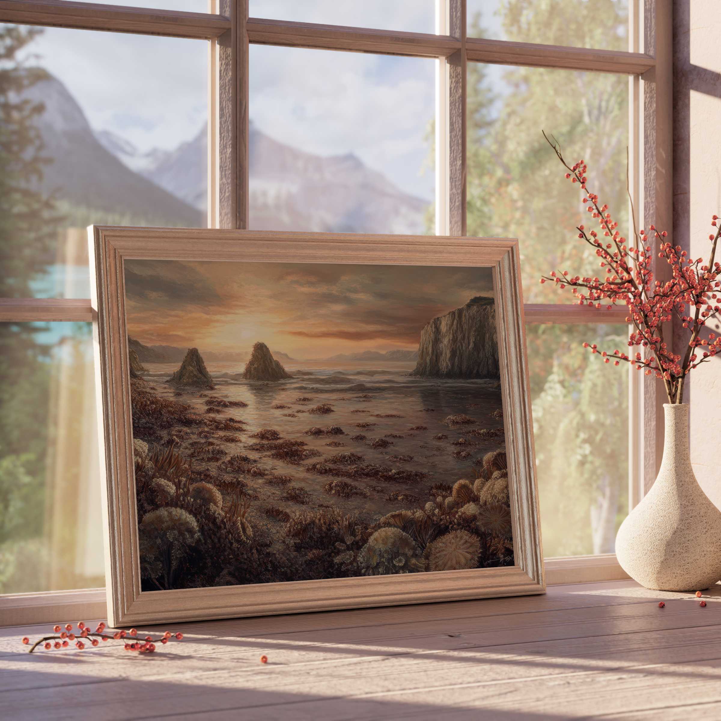 Coastal downloadable art capturing a tranquil sunset over textured tide pools, enriching serene, design-forward interiors