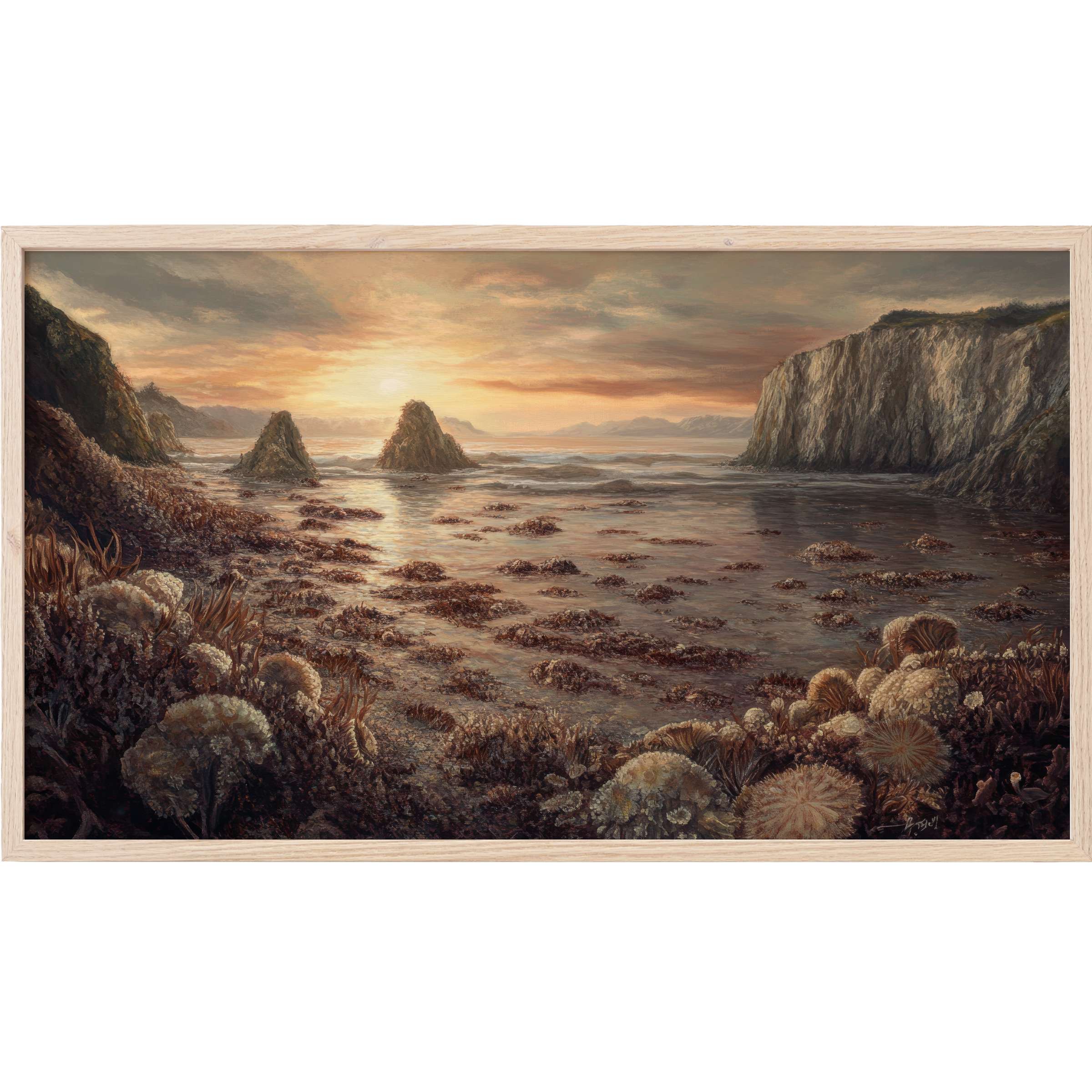 Coastal Frame TV Art of a serene sunset over rugged cliffs and rocky shore in warm, earthy tones, richly detailed