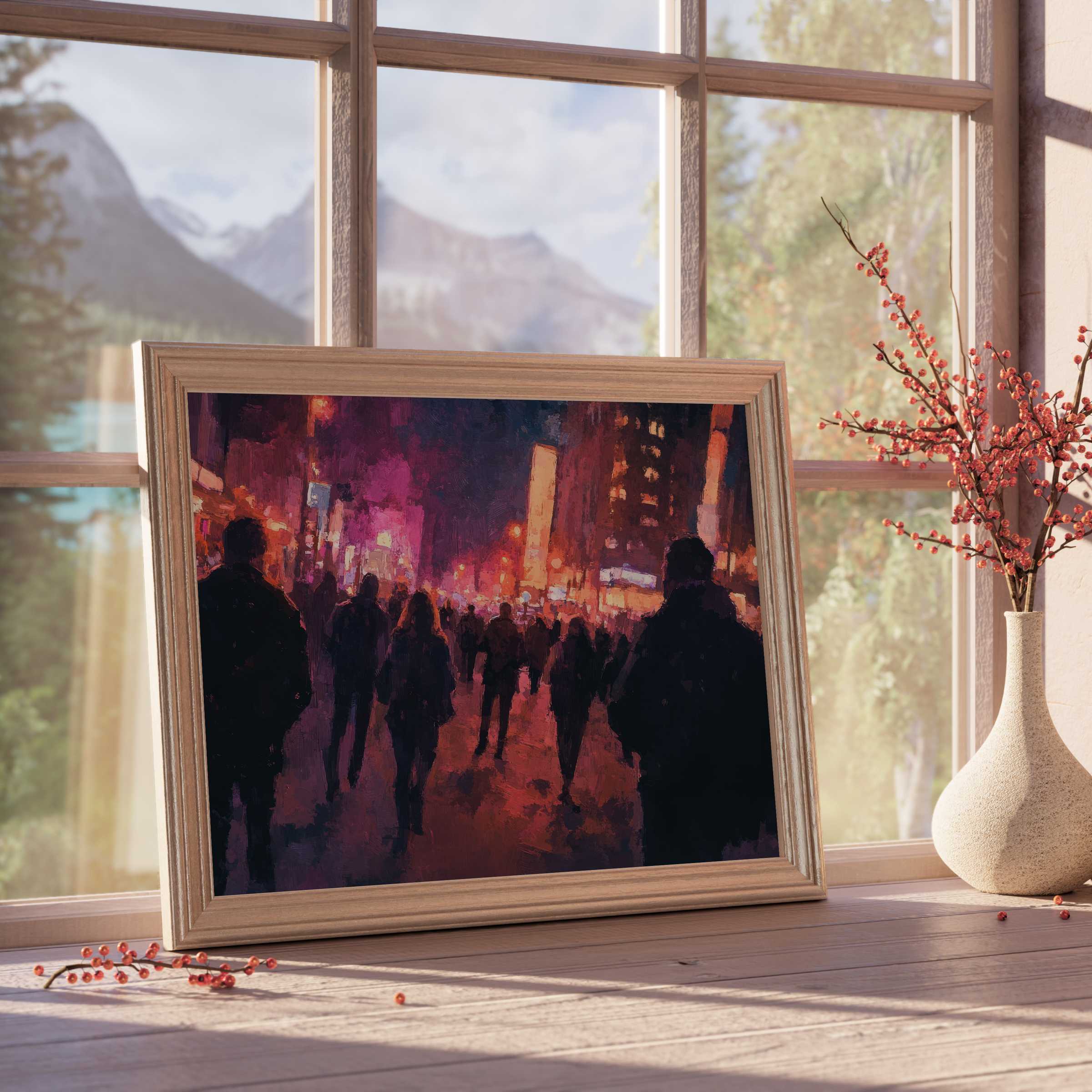 Urban downloadable art capturing vibrant city nightlife, enhancing elegant interiors with moody, warm ambiance and dynamic silhouettes