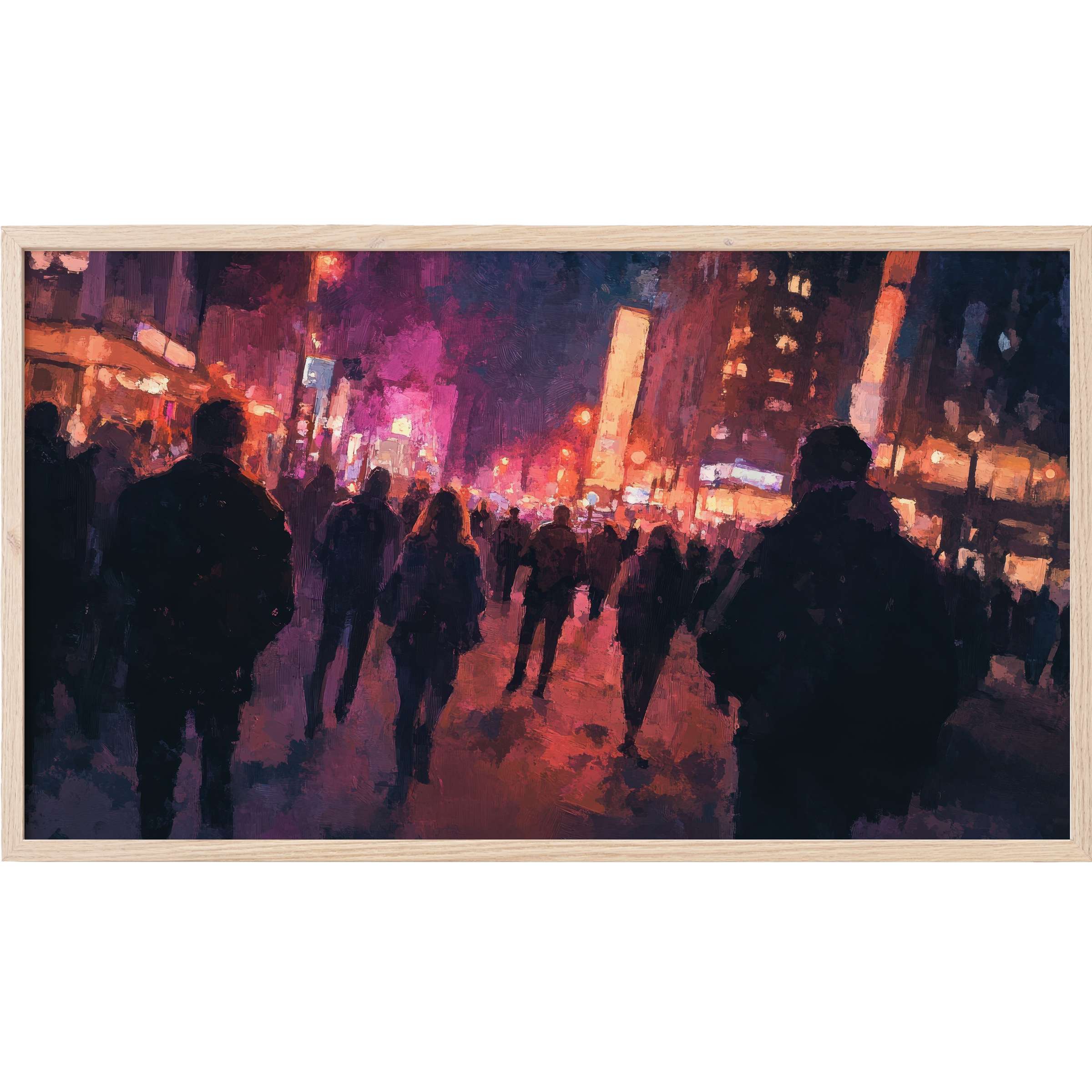 Urban Frame TV Art depicting a blurred crowd at night with warm orange and purple hues, capturing vibrant city energy
