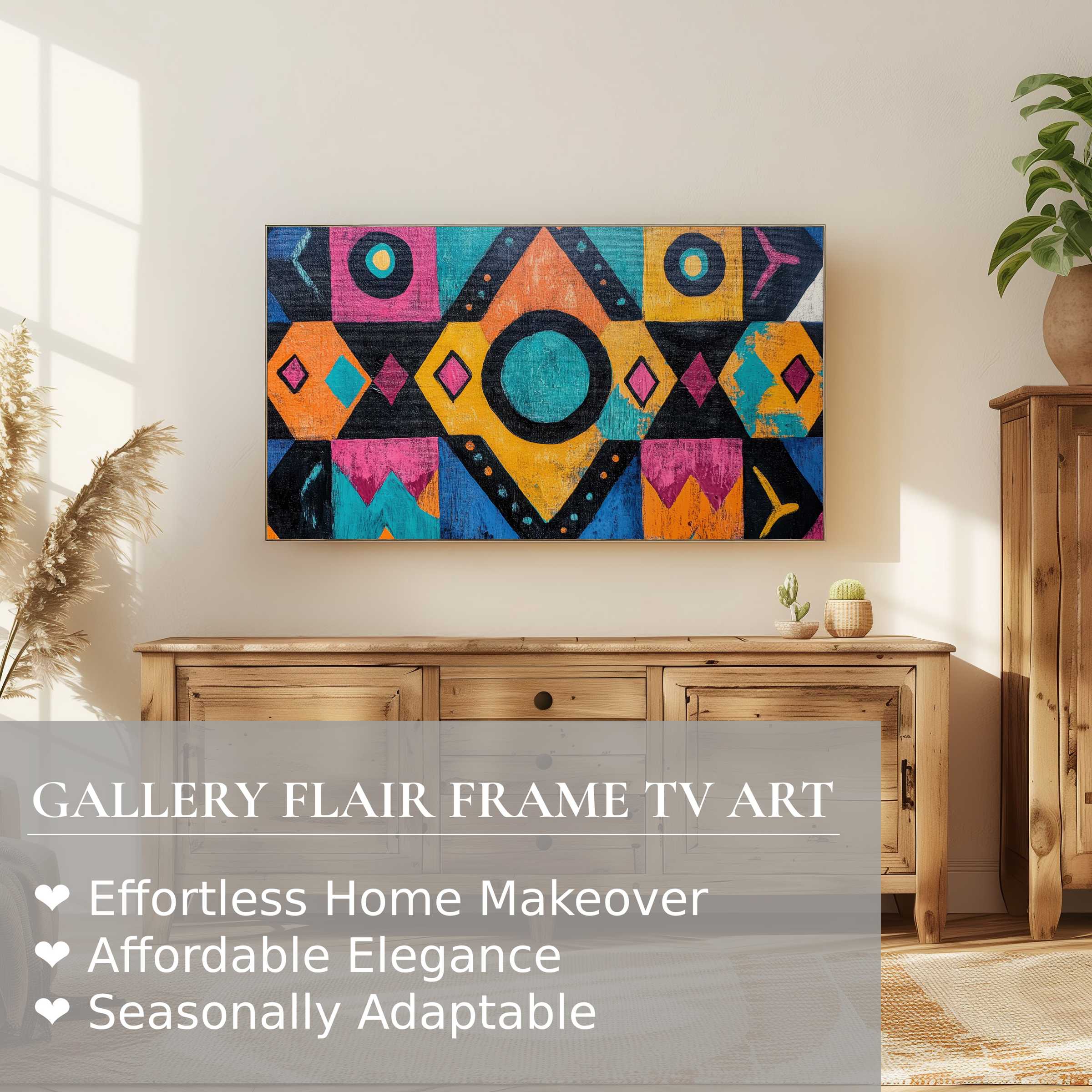 Samsung Frame TV displays vibrant boho digital artwork in a sunlit, rustic-chic living space with natural wood accents