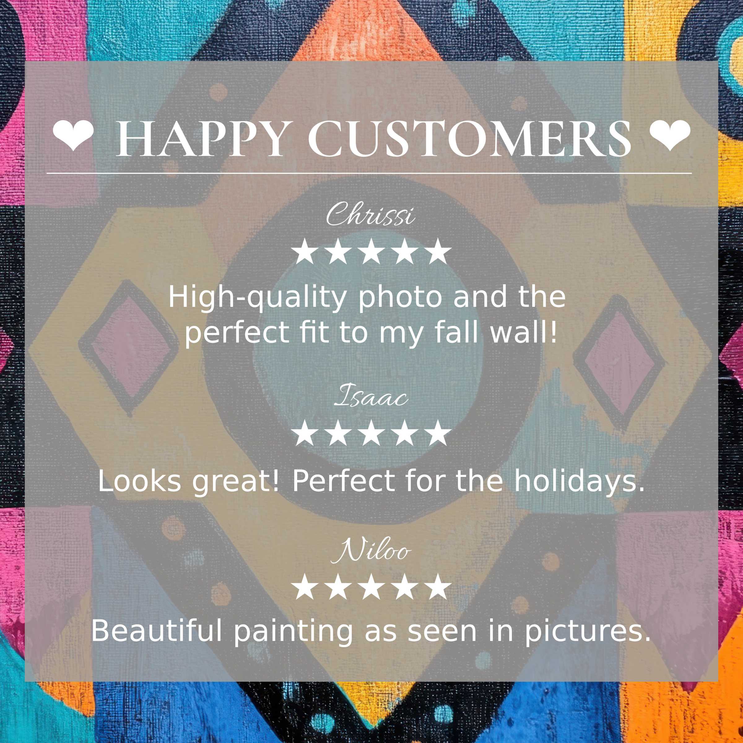 Boho art for Frame TV with abstract geometric hues; happy customer reviews build trust and highlight refined elegance