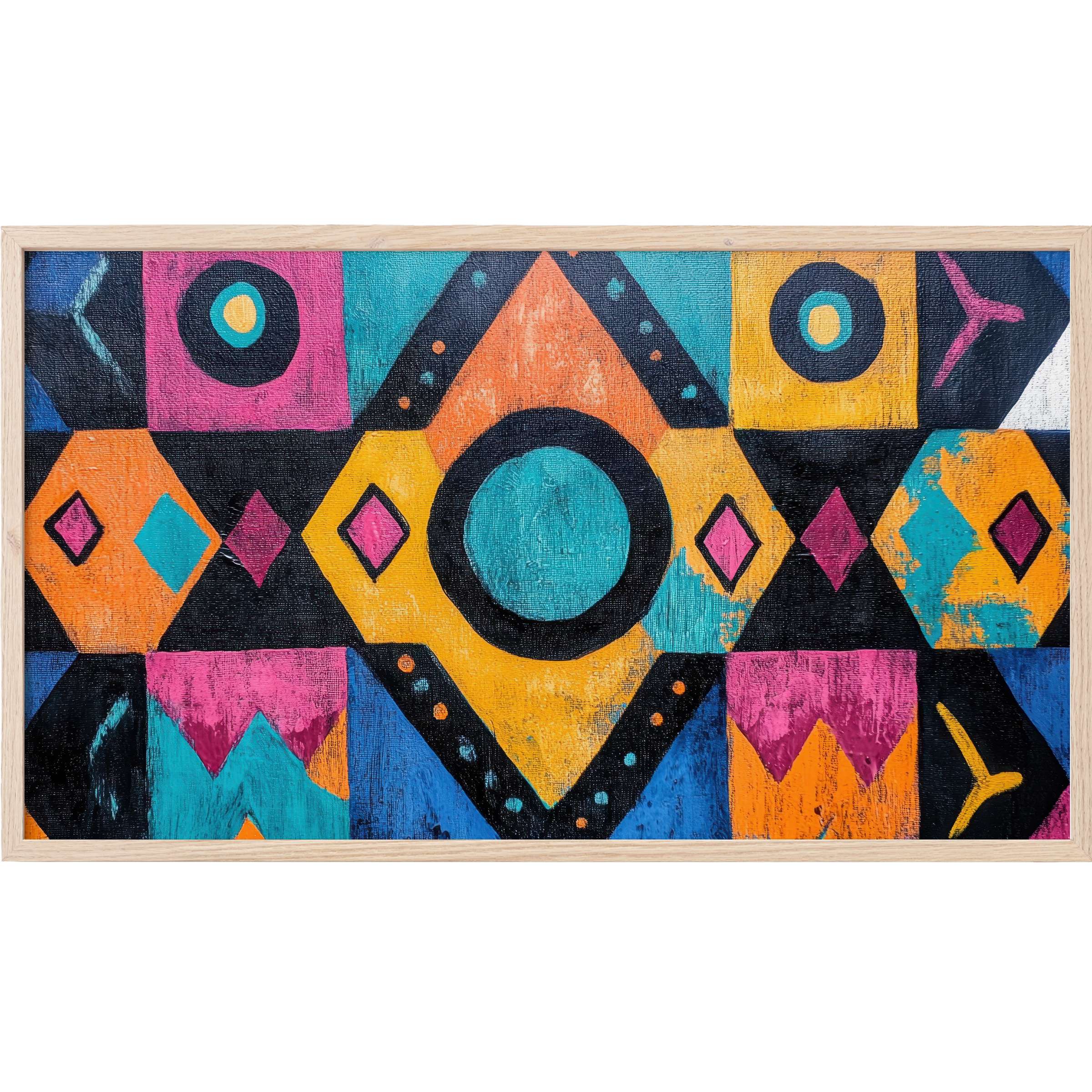 Boho Frame TV Art with vibrant geometric shapes in bold teal, orange, pink, yellow, and deep black hues