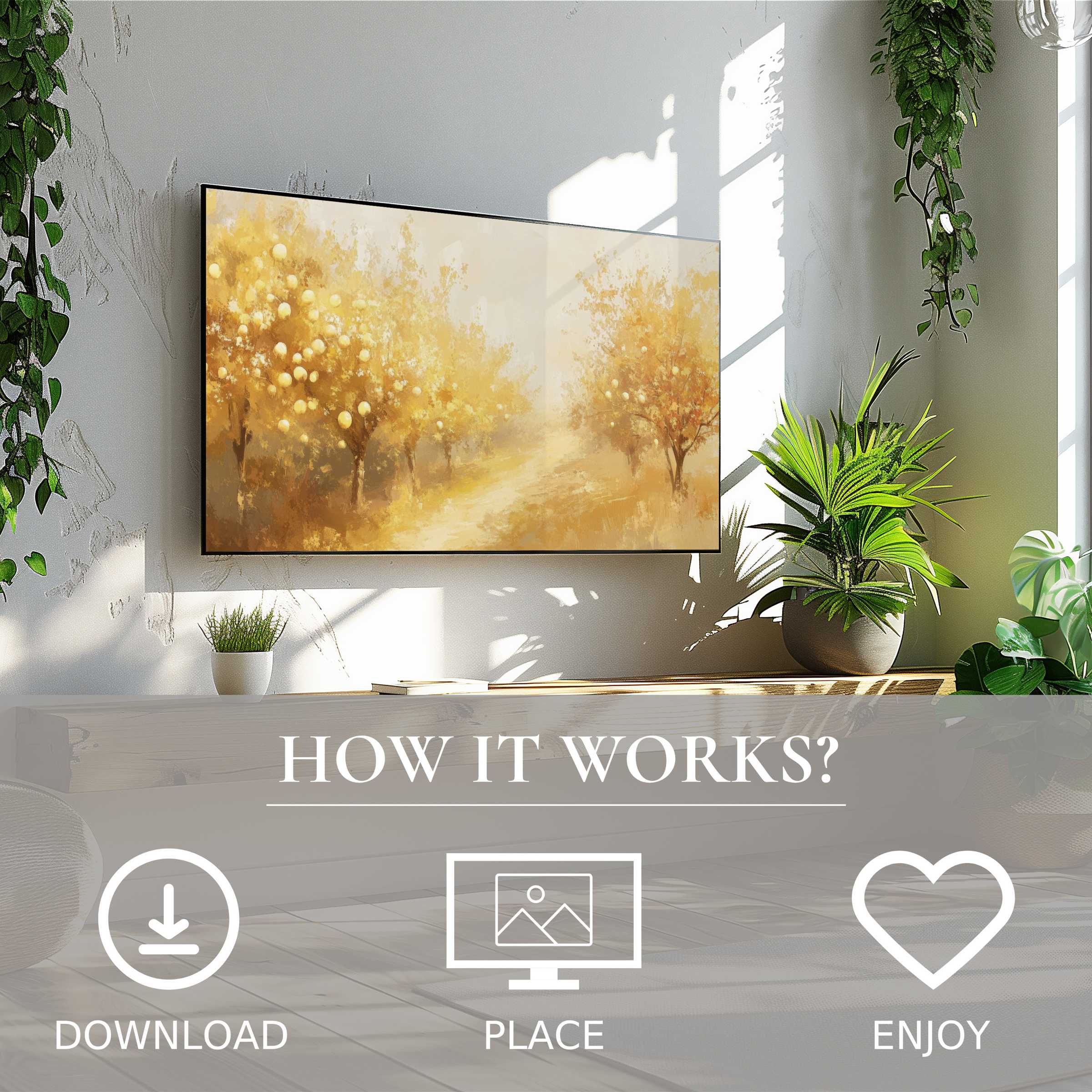 Fall art for Samsung TV shows soft golden orchard tones on The Frame, easy digital download enriches modern living spaces