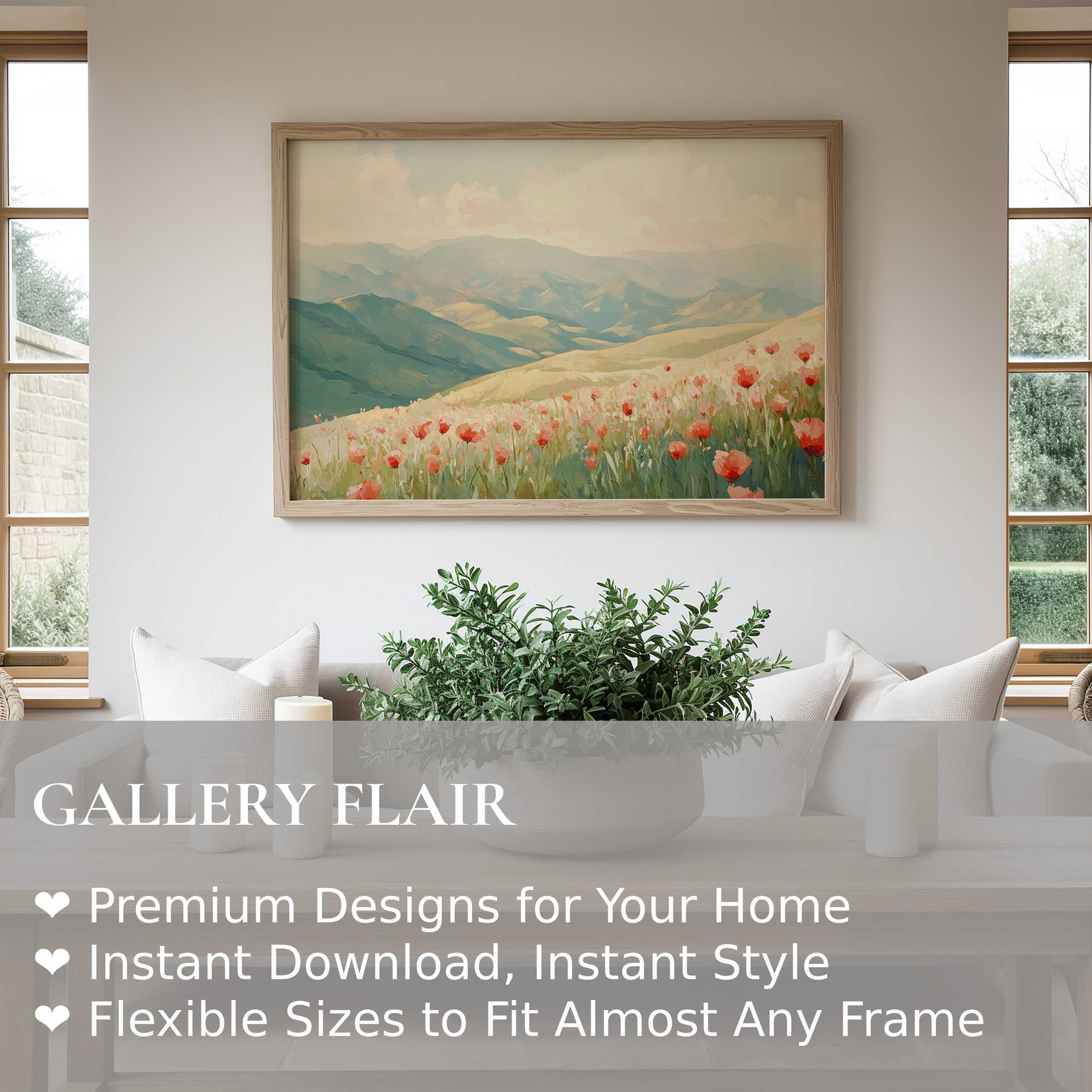 Spring wall art print capturing a serene poppy meadow and rolling hills, enhancing modern minimalist living spaces with calming, radiant charm
