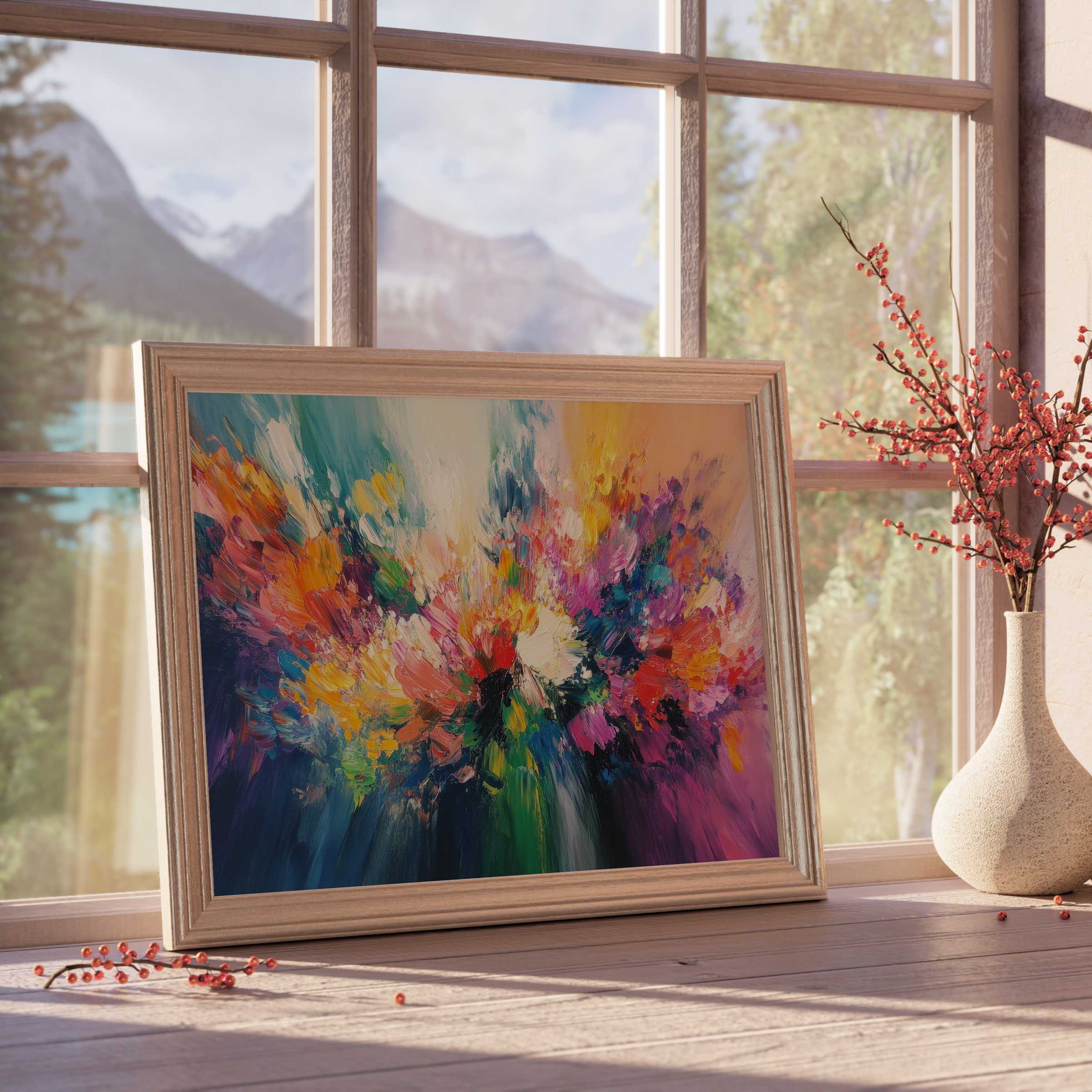 Vibrant abstract downloadable art bursting with floral hues, elevating curated interiors with dynamic, tranquil energy and luxe modern charm