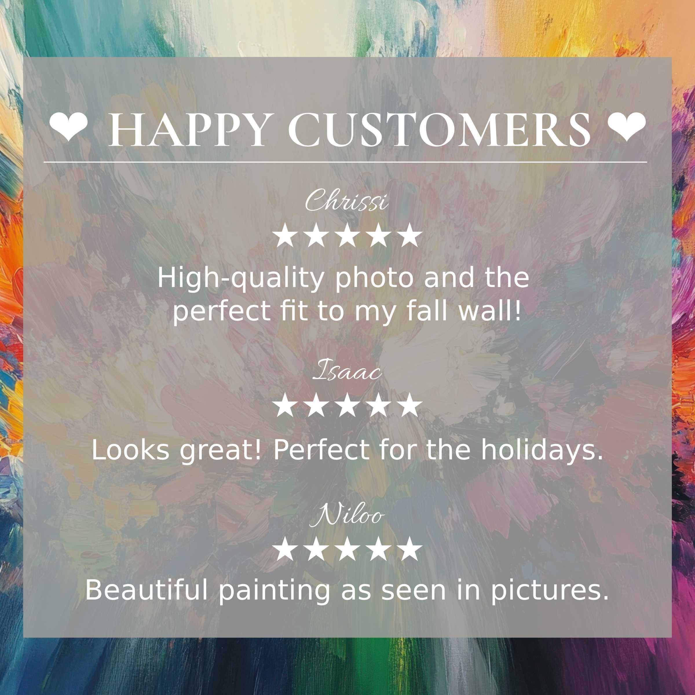 Abstract art for Frame TV with vibrant hues; layout builds trust highlighting happy customer reviews and refined elegance