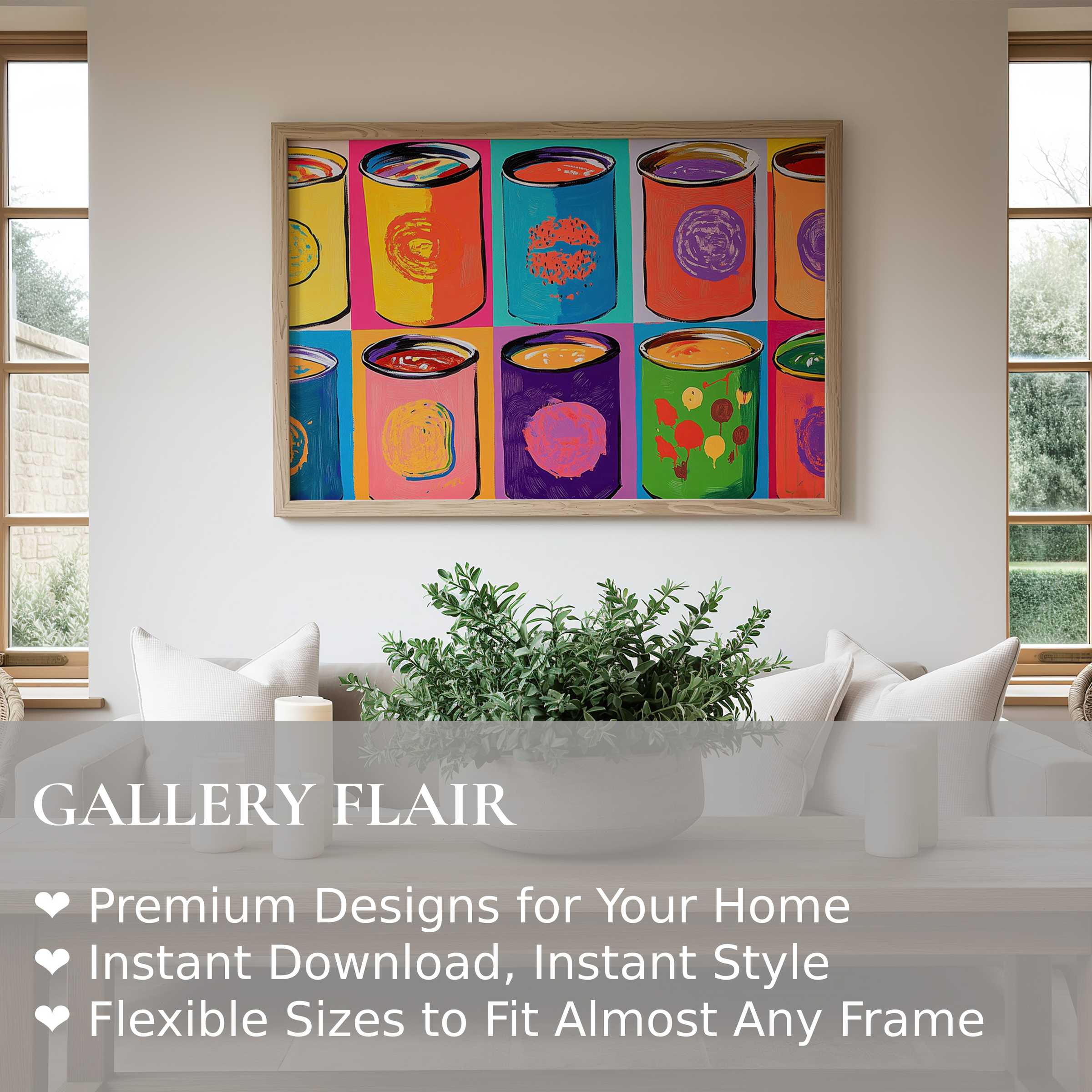Vibrant pop art wall art print showcasing colorful soup cans, adding bold, contemporary flair to a serene, minimalist living room