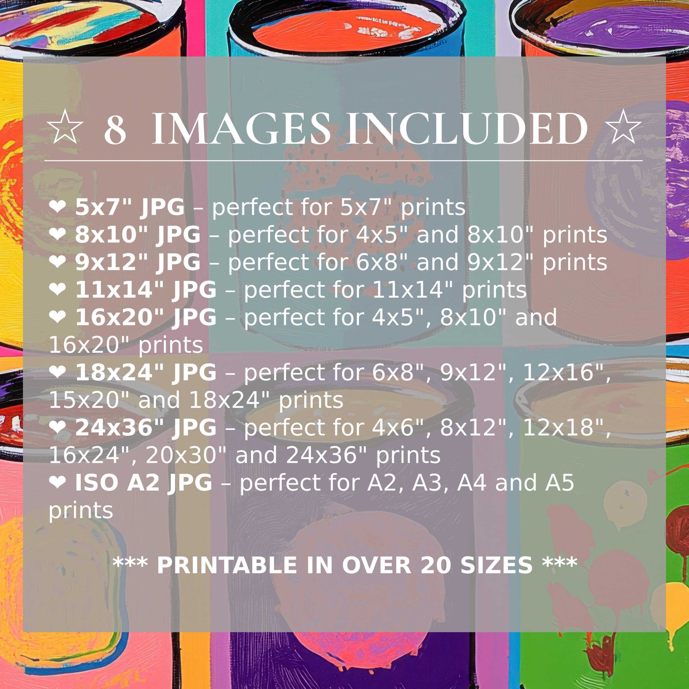 Vibrant pop art digital print radiates bold orange, purple, and turquoise hues, elevating modern interiors with 8 high-quality sizes included for effortless style and timeless versatility