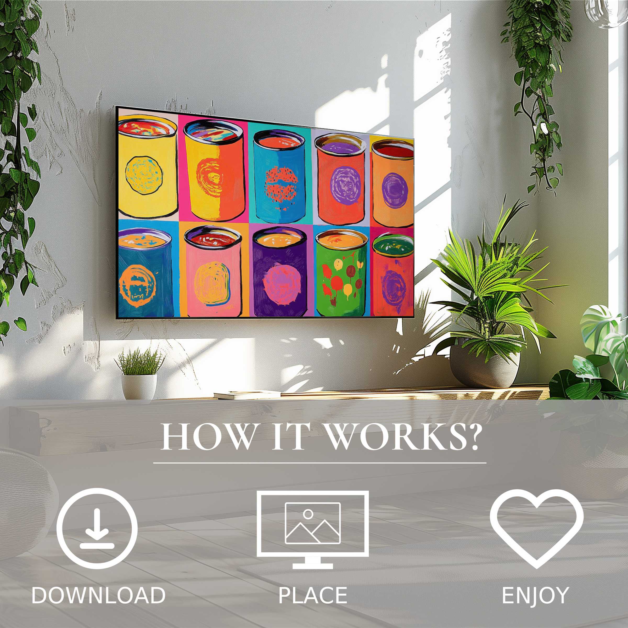 Pop art art for Samsung TV, vibrant can motif brightens space; easy digital download enriches modern living rooms