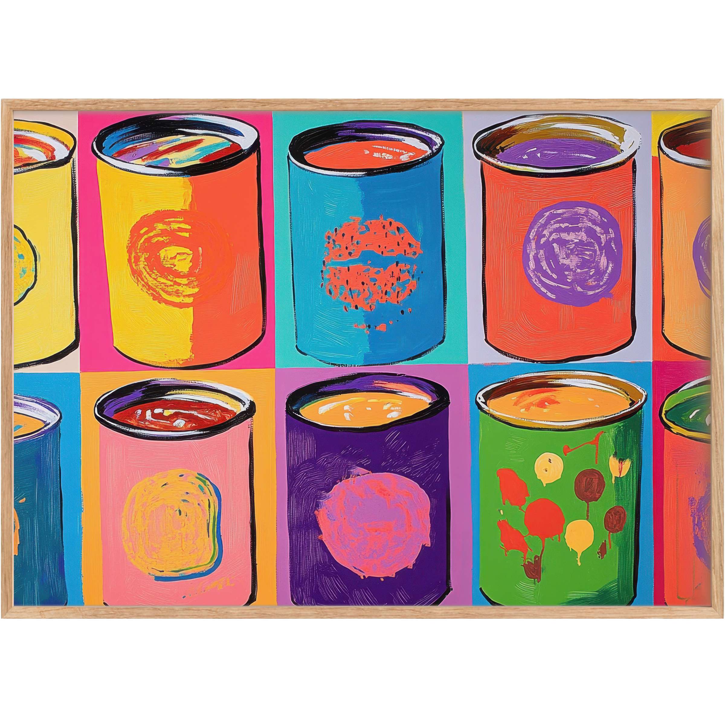 Vibrant pop art printable wall art featuring bold, colorful cans in playful reds, blues, purples, and greens, evoking a radiant, energetic vibe