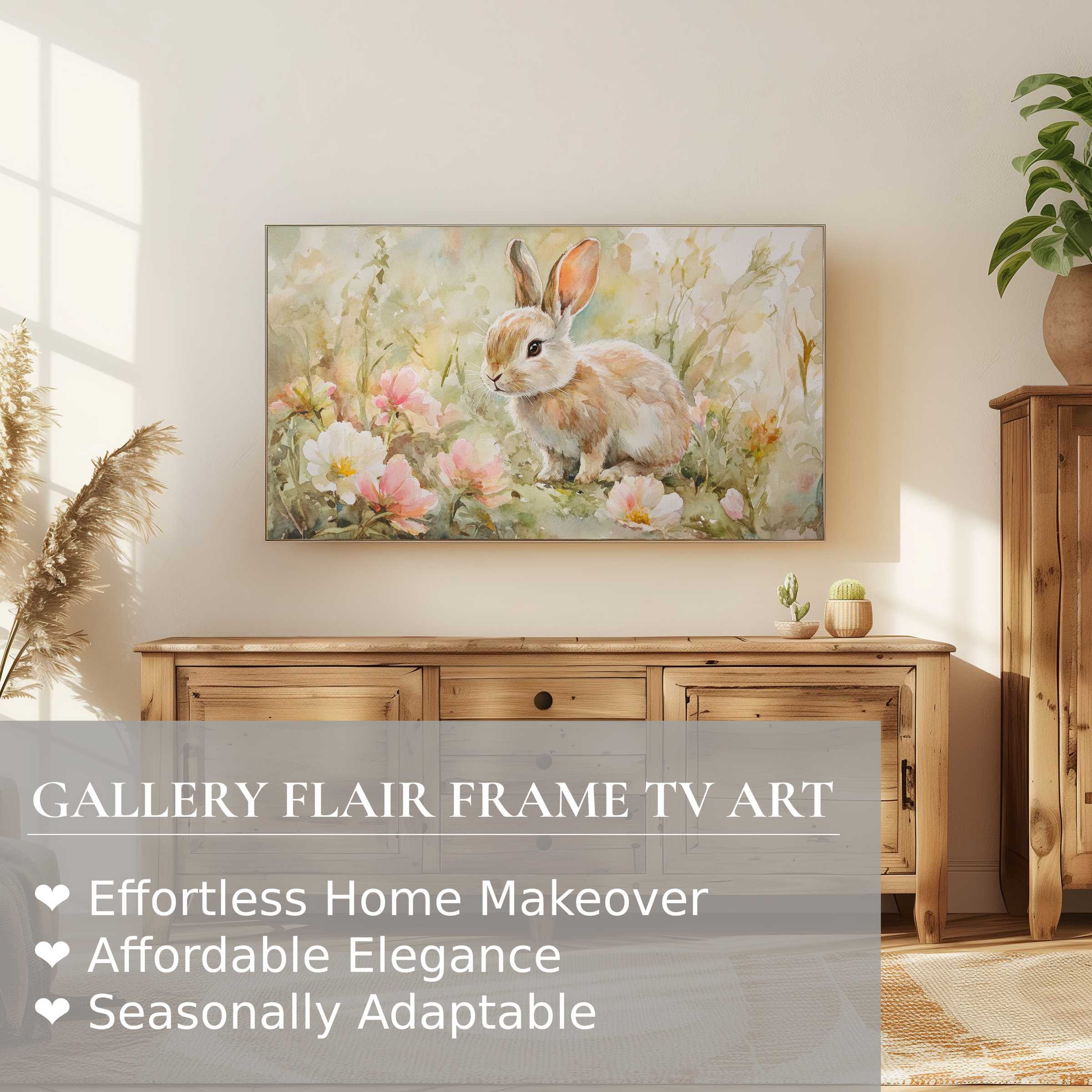 Samsung Frame TV displaying elegant easter digital artwork of a soft bunny amid pastel florals in a modern living room