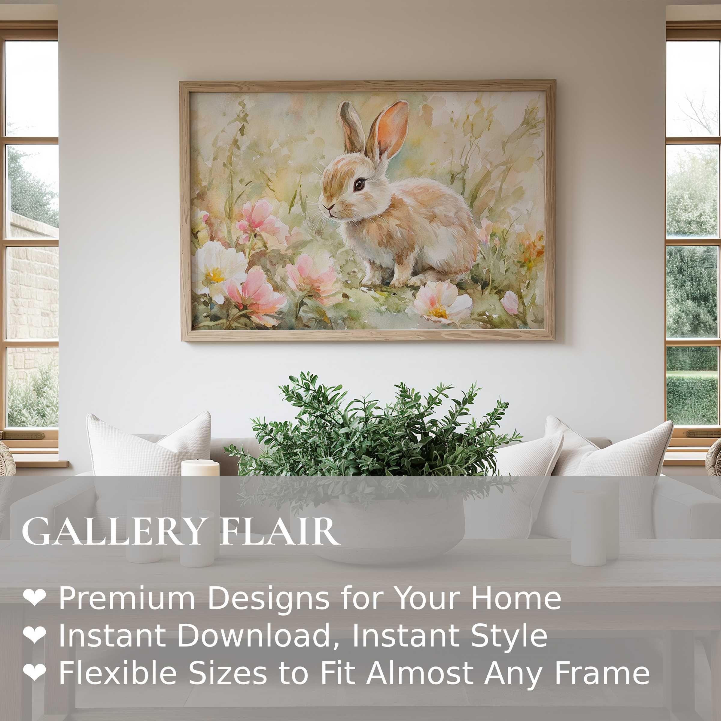 Easter wall art print featuring a soft, whimsical bunny amid pastel blooms, enhancing serene modern farmhouse interiors