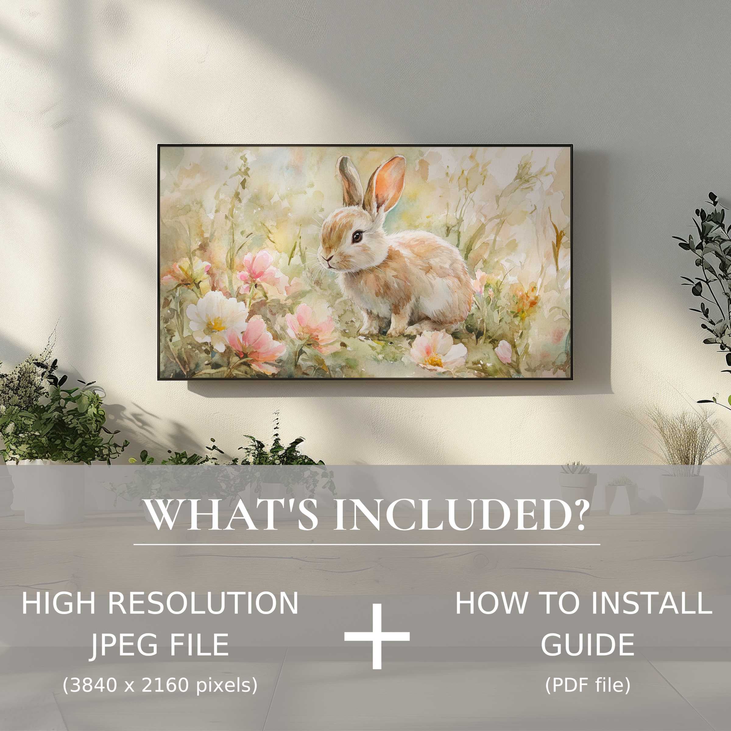 Elegant living room with easter digital TV art download of a bunny, easy to use and enhances modern decor spaces