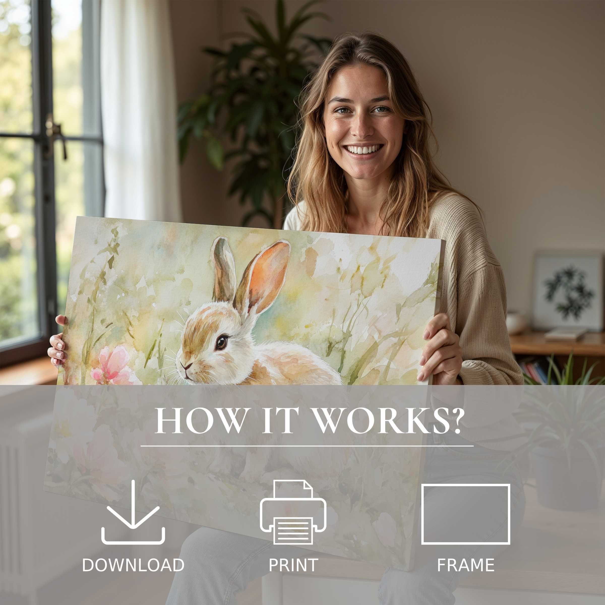 Woman in stylish home embracing the gentle charm of an Easter digital art print, evoking joy and serene connection