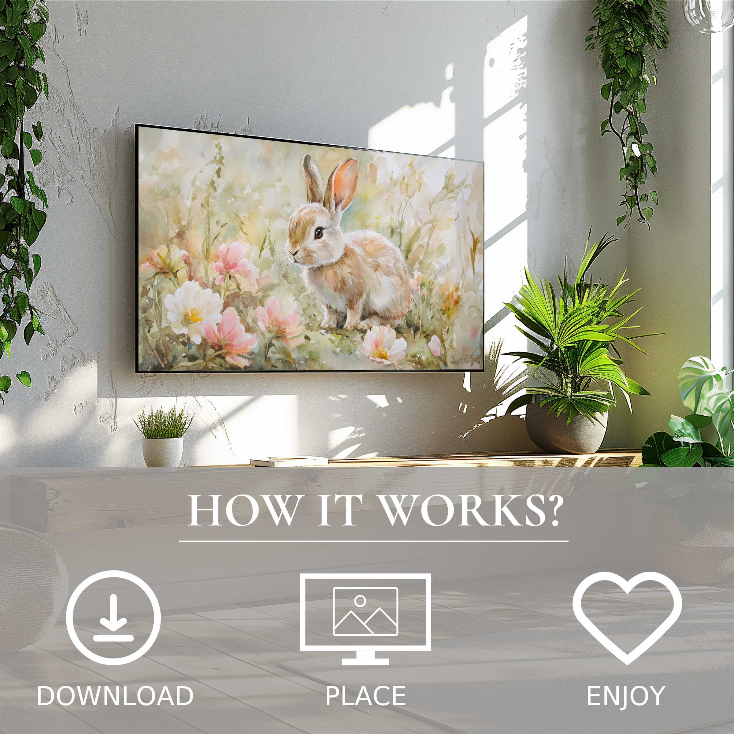easter art for Samsung TV shows a soft pastel bunny scene, easy digital download enriches bright, modern living spaces