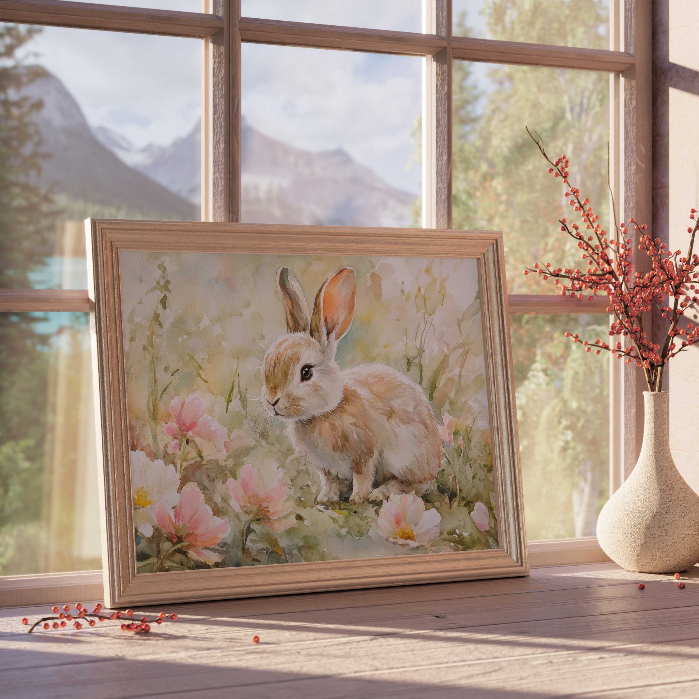 Easter downloadable art of a serene bunny amidst soft pink blooms, enhancing tranquil, curated interiors with timeless charm