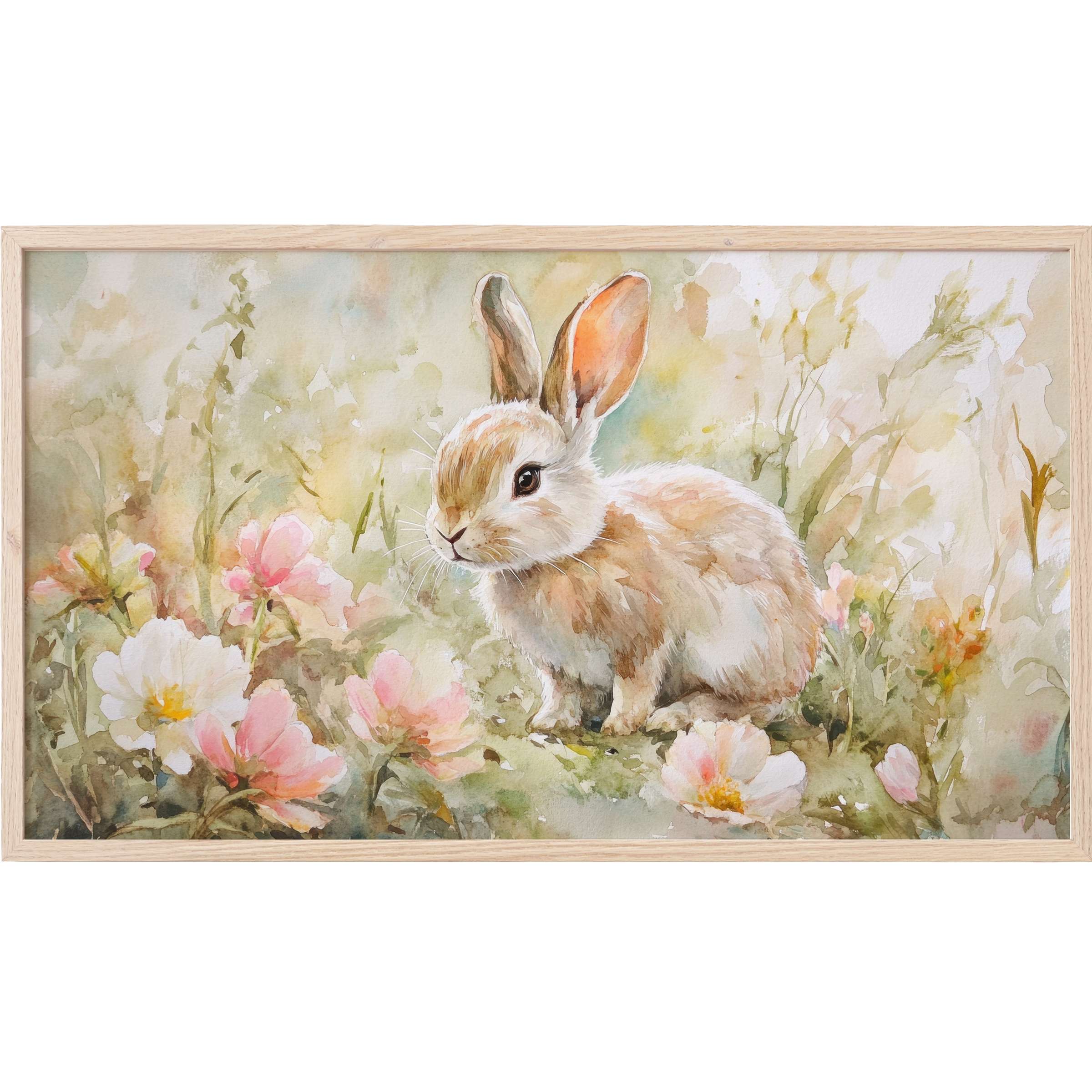 Delicate watercolor bunny amidst soft pastel blooms, capturing gentle spring freshness in this easter Frame TV Art