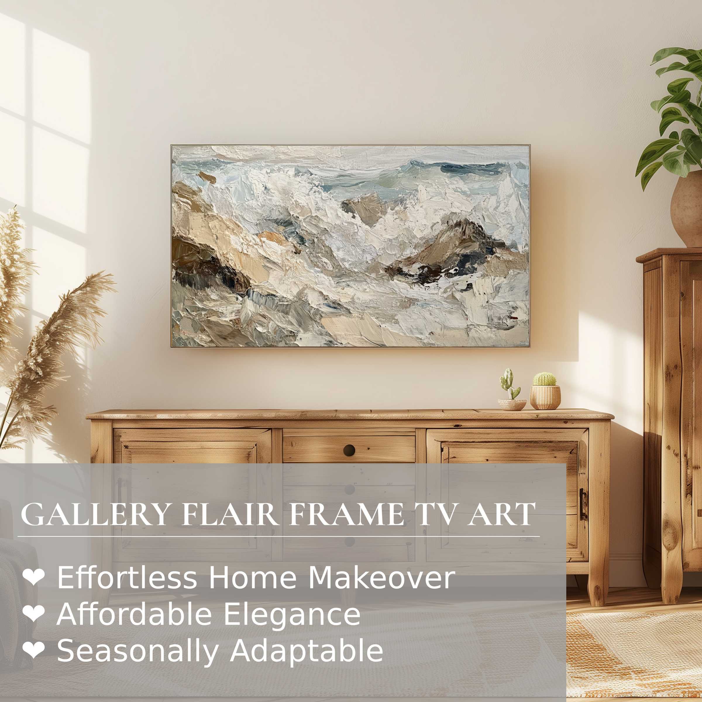 Samsung Frame TV showcases textured beach digital artwork in a serene, sunlit room with natural wood accents