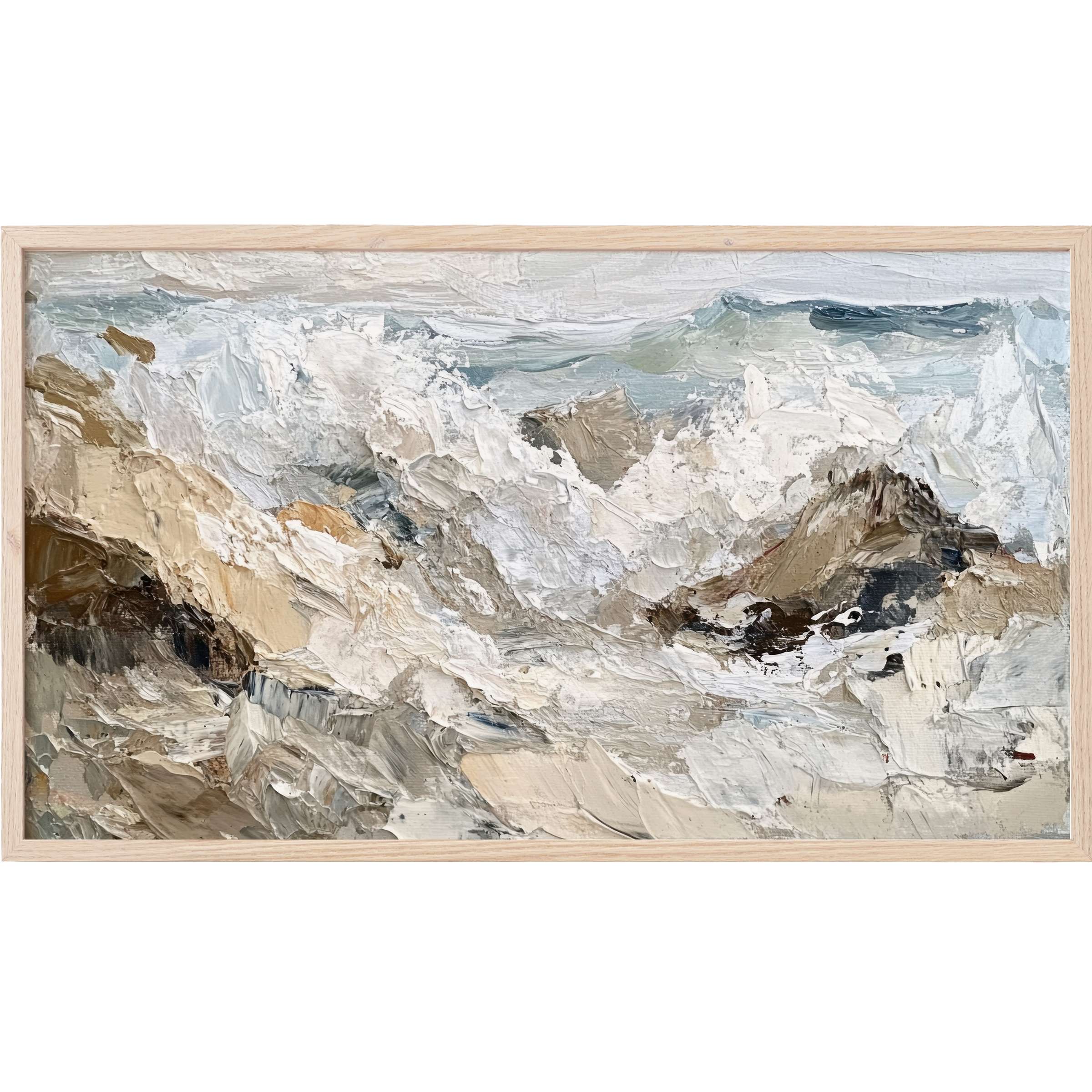 Abstract beach scene in muted blues, creams, and browns with textured brushstrokes, perfect beach Frame TV Art