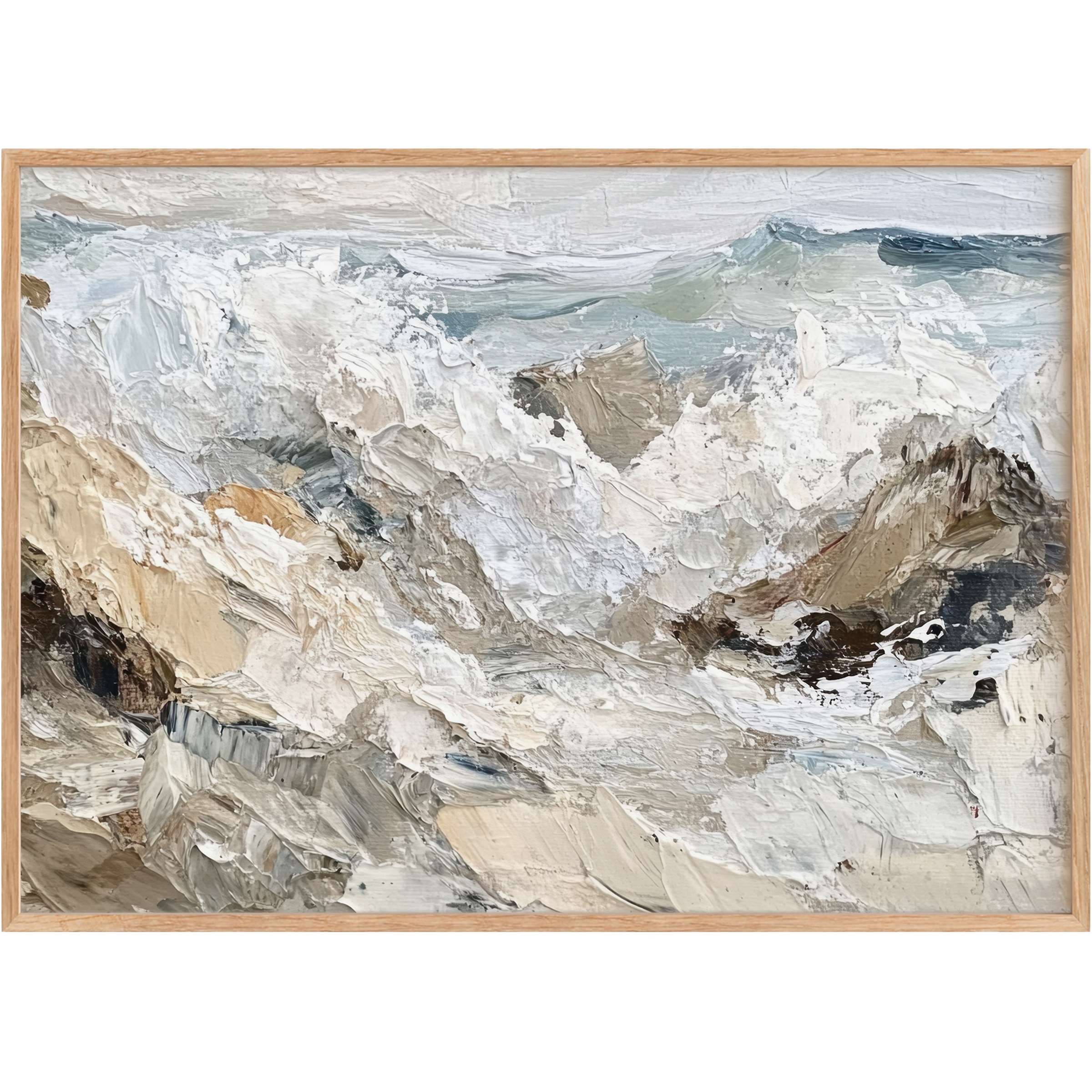 Dramatic beach printable wall art with textured waves in soft blues and sandy neutrals, evoking a serene coastal breeze