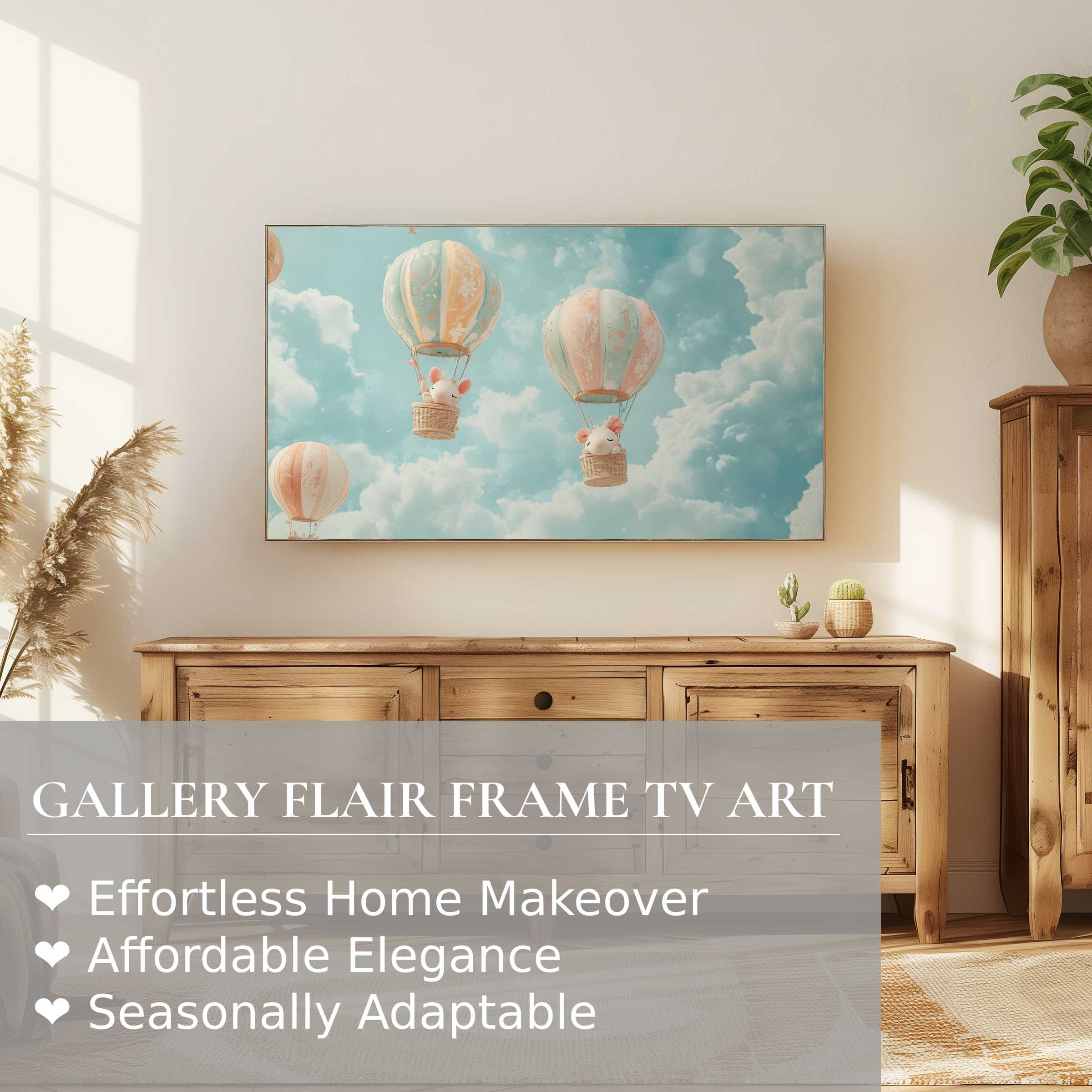 Samsung Frame TV displaying whimsical nursery digital artwork with pastel hot air balloons in a serene sky
