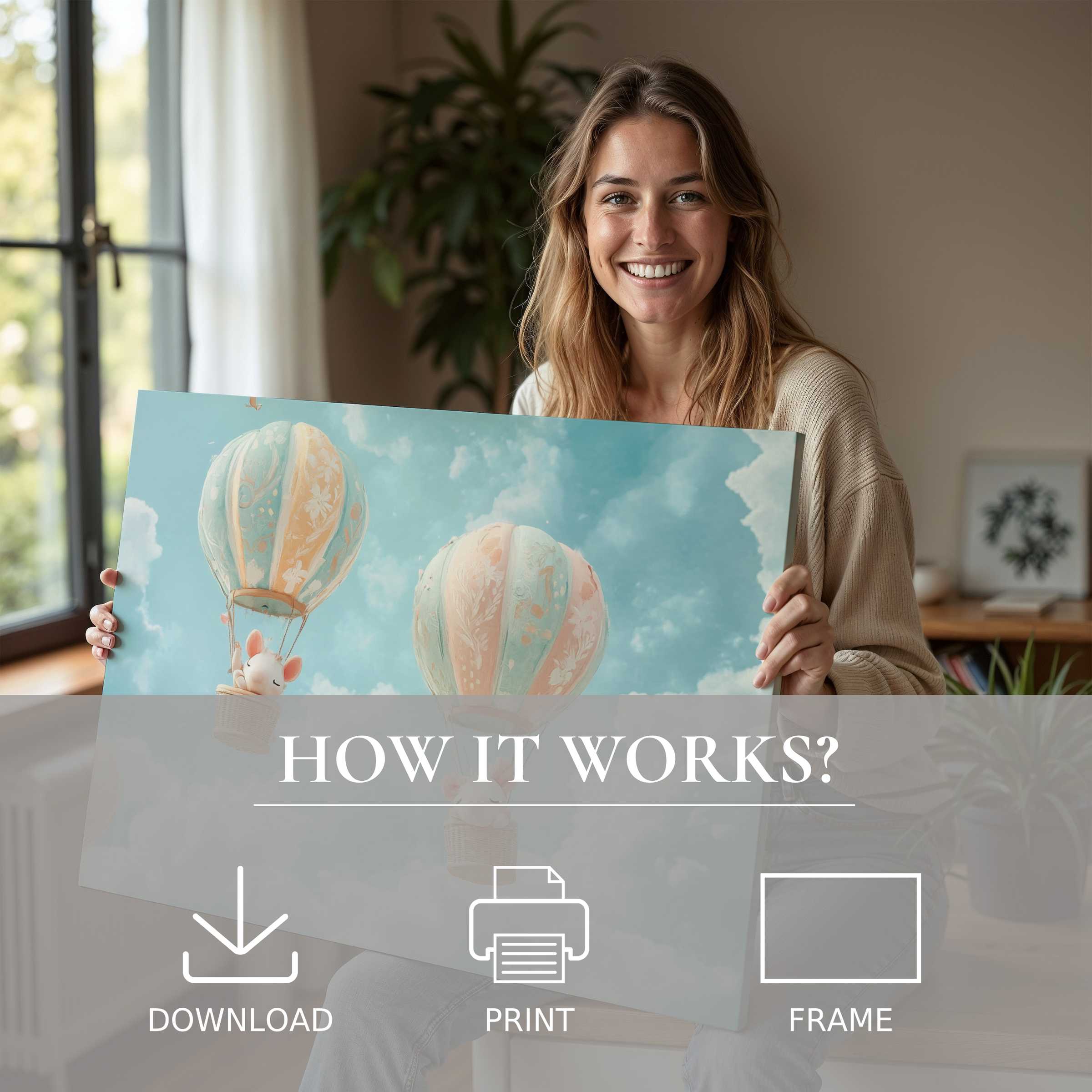 Serene nursery digital art print with pastel hot air balloons, capturing joy and warmth in a stylish modern home setting