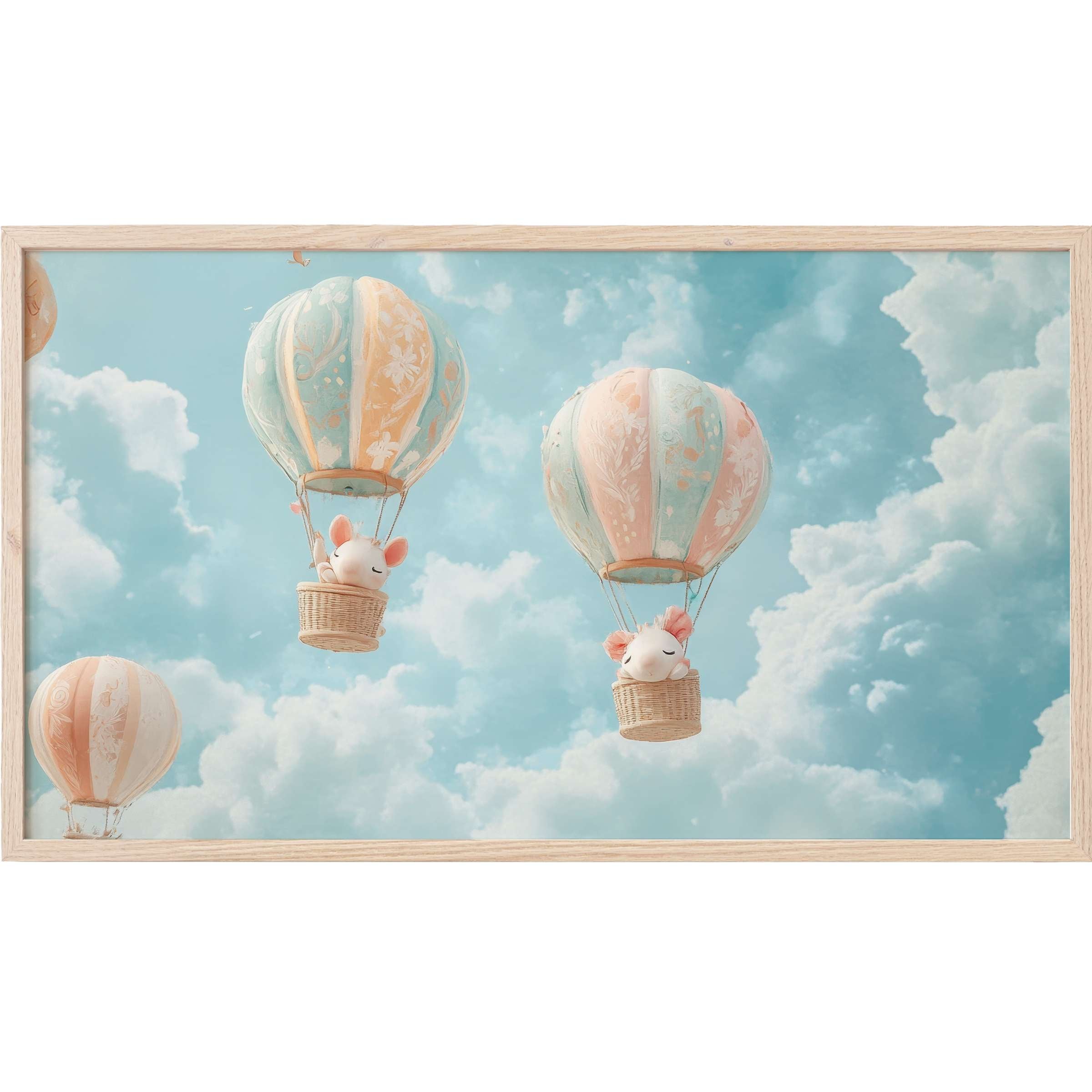 Whimsical pastel hot air balloons with sleeping mice soar in a soft cloudscape - nursery Frame TV Art