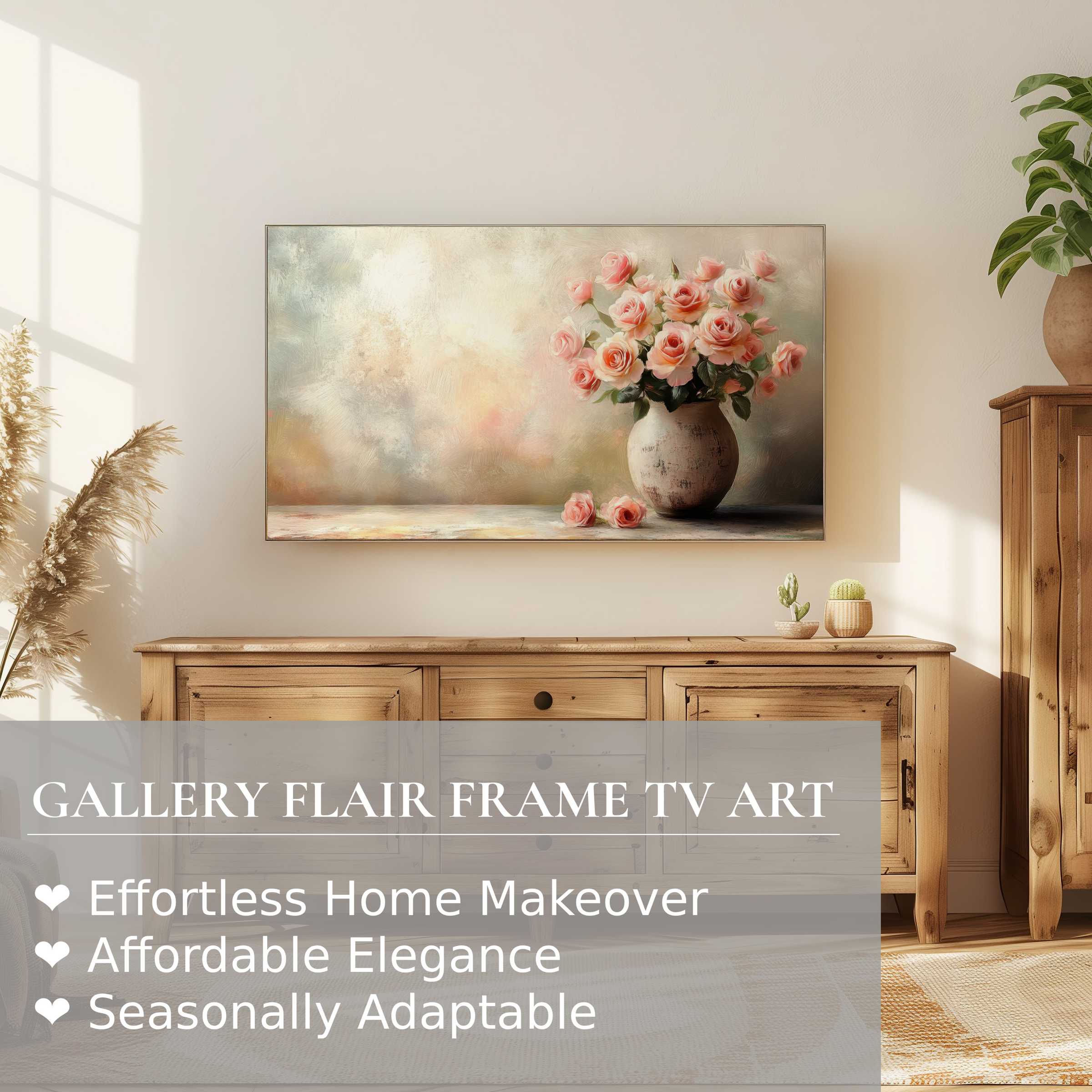 Samsung Frame TV displaying botanical digital artwork of elegant roses in a vase, enhancing a modern, warm living space