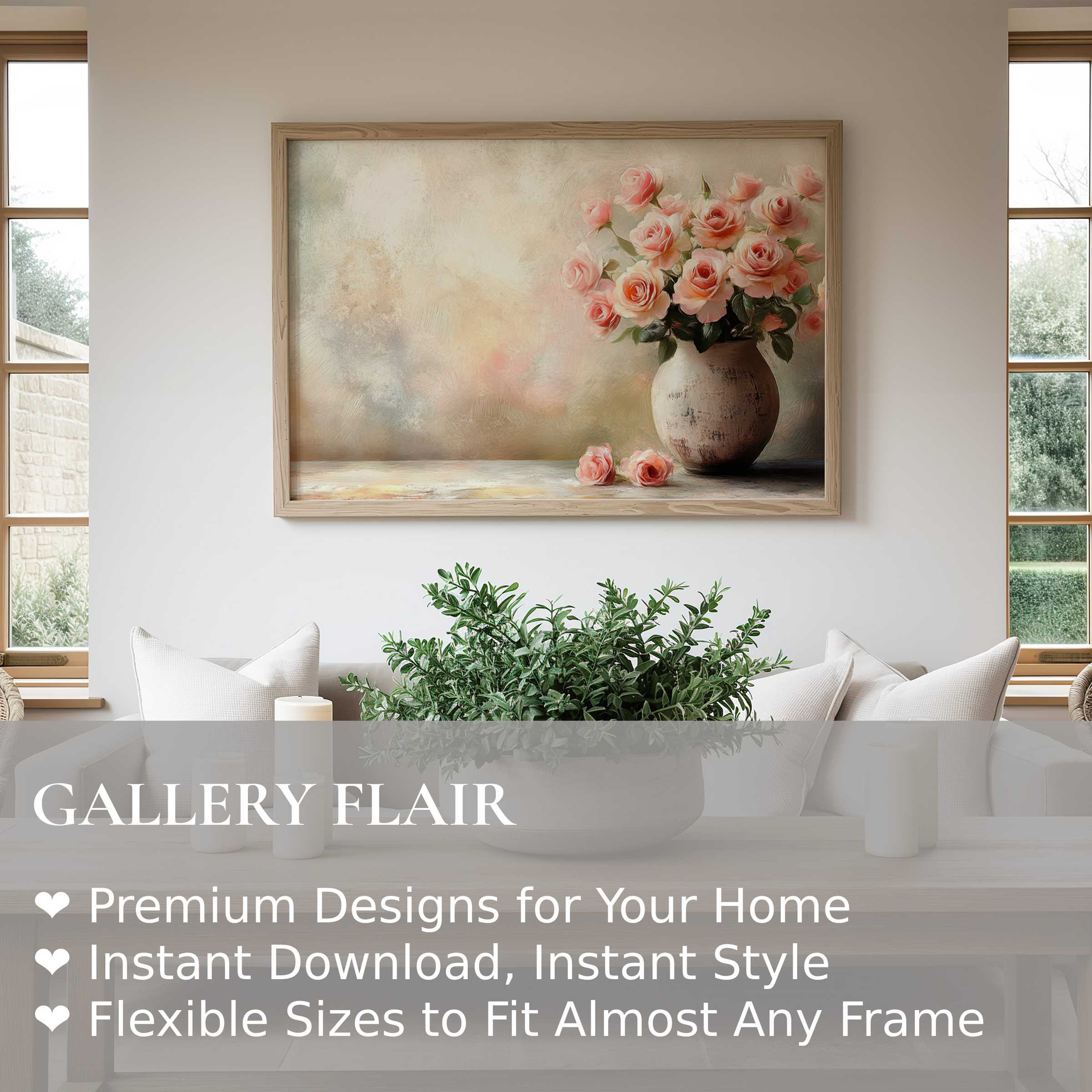 Botanical wall art print featuring delicate pink roses in soft pastels, enhancing serene modern farmhouse interiors with timeless elegance