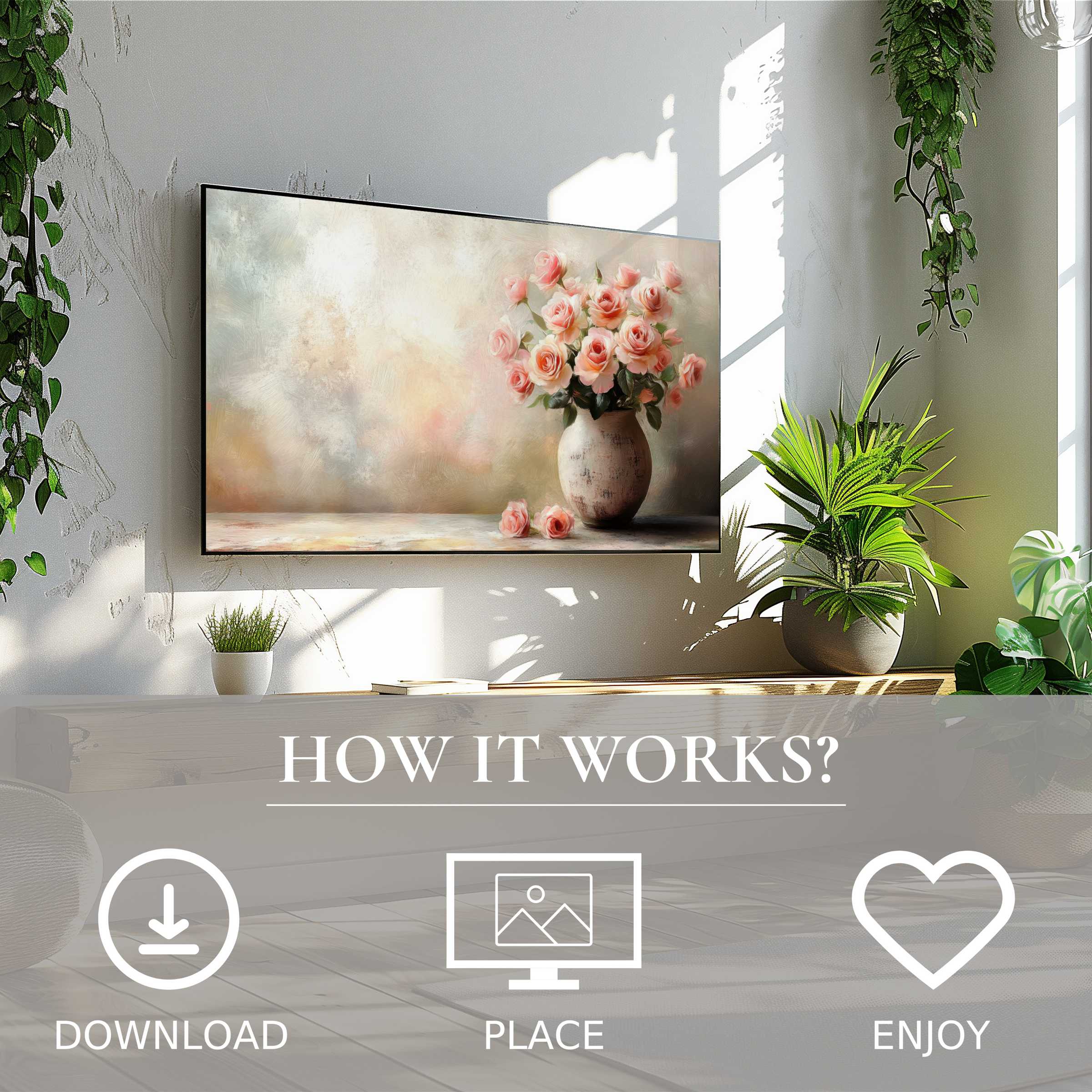 Botanical art for Samsung TV with soft rose tones enriches your space - easy digital download enhances modern living