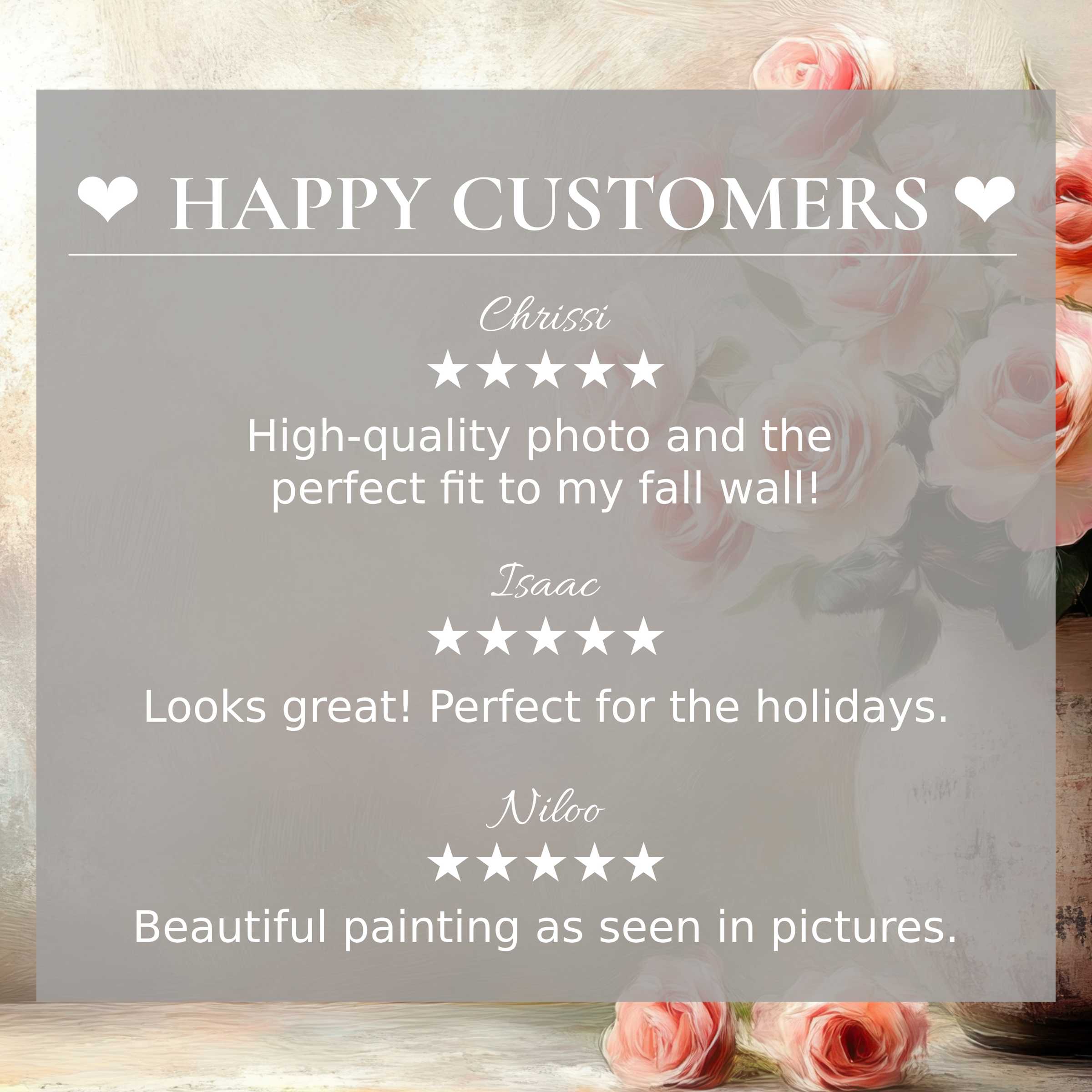 Elegant botanical art for Frame TV with soft pink roses and warm beige background; layout shows happy customer reviews