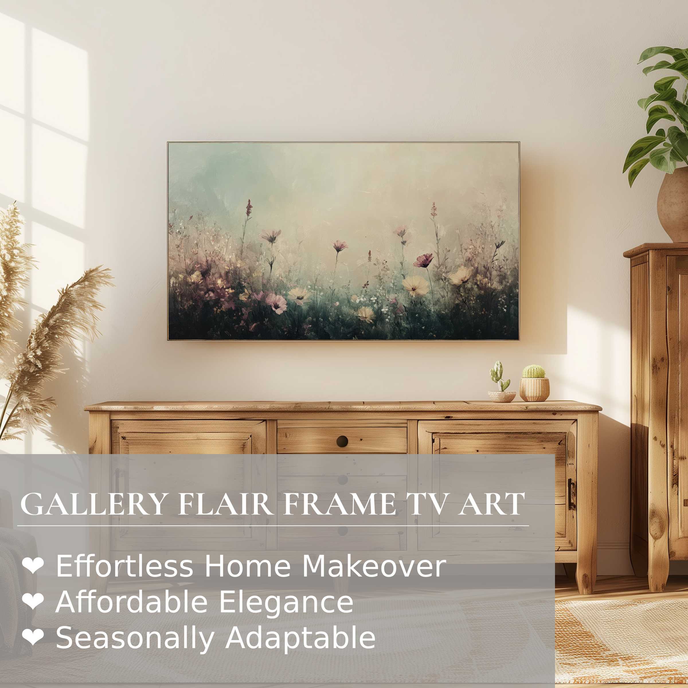 Samsung Frame TV displaying vintage digital artwork of soft floral blooms in a serene, natural setting