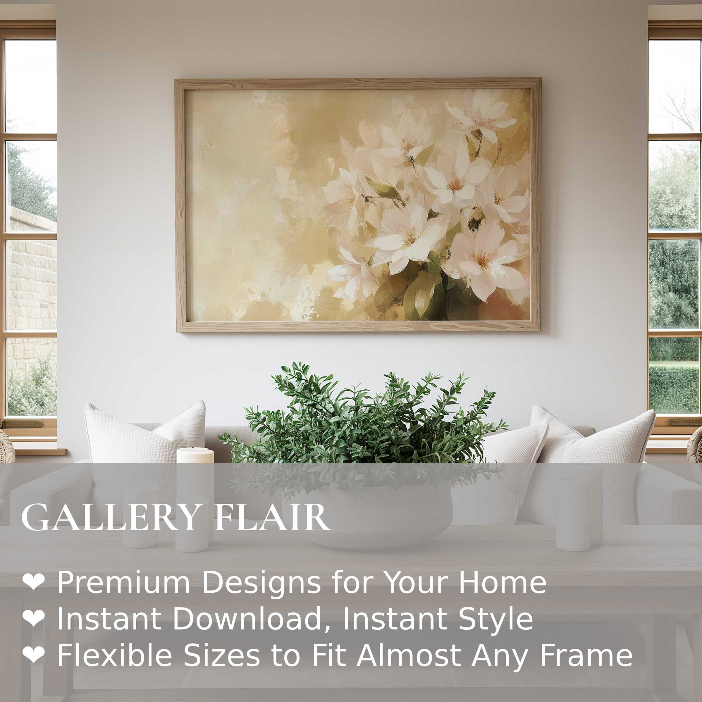 Farmhouse wall art print featuring soft white blossoms in muted tones, enhancing serene, modern rustic living spaces with timeless elegance