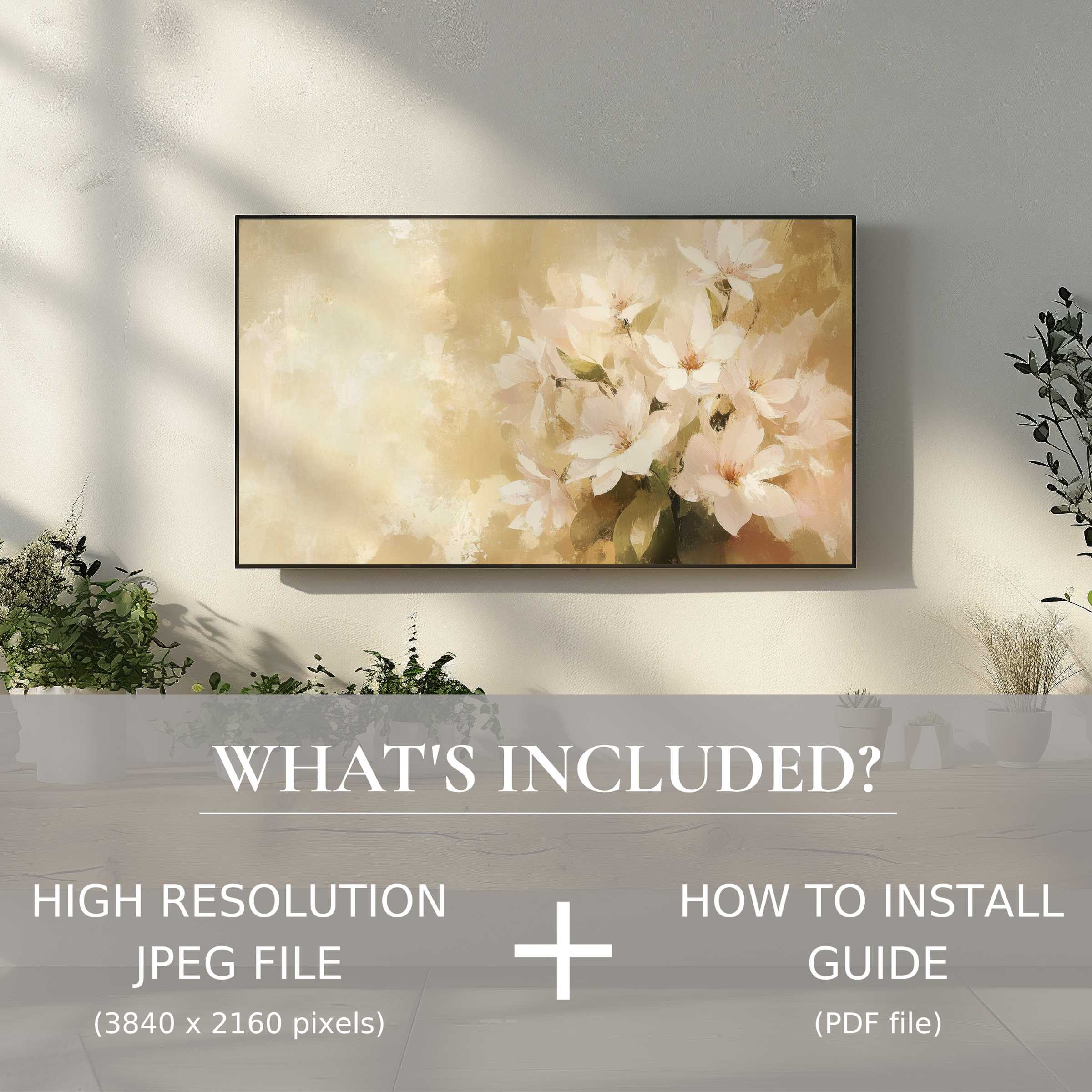 Elegant farmhouse digital TV art download with easy use, enhancing living spaces with soft floral beauty and style