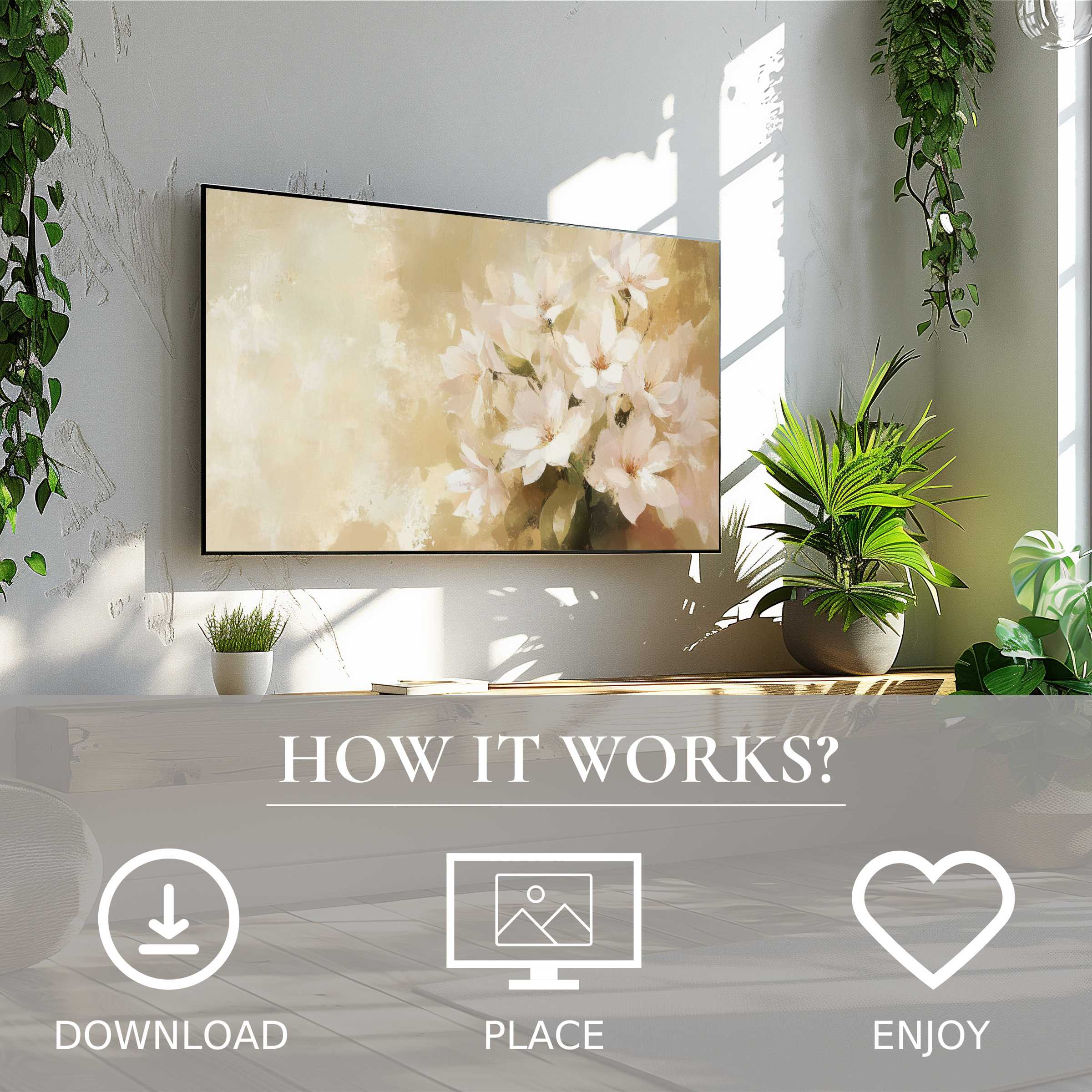Farmhouse art for Samsung TV: soft floral tones enhance modern living spaces via easy digital download