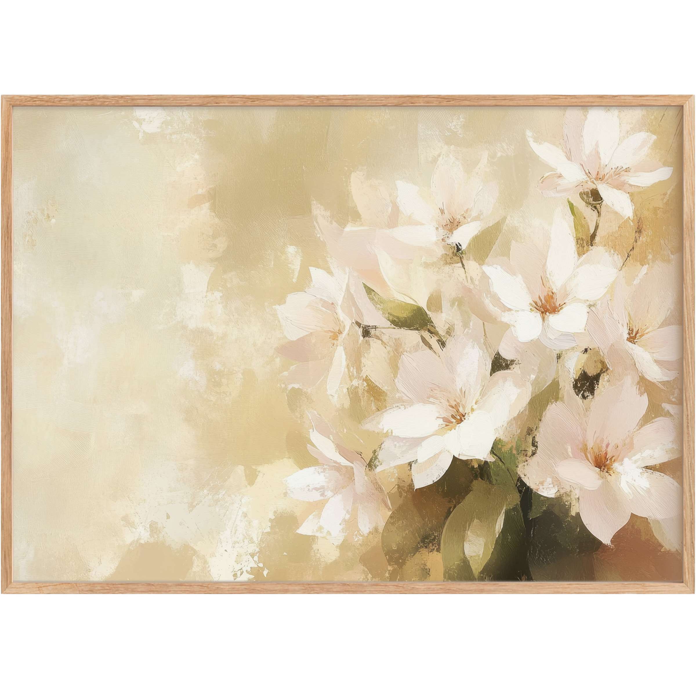 Elegant farmhouse printable wall art featuring soft white blooms and muted beige tones, creating a calming, timeless ambiance