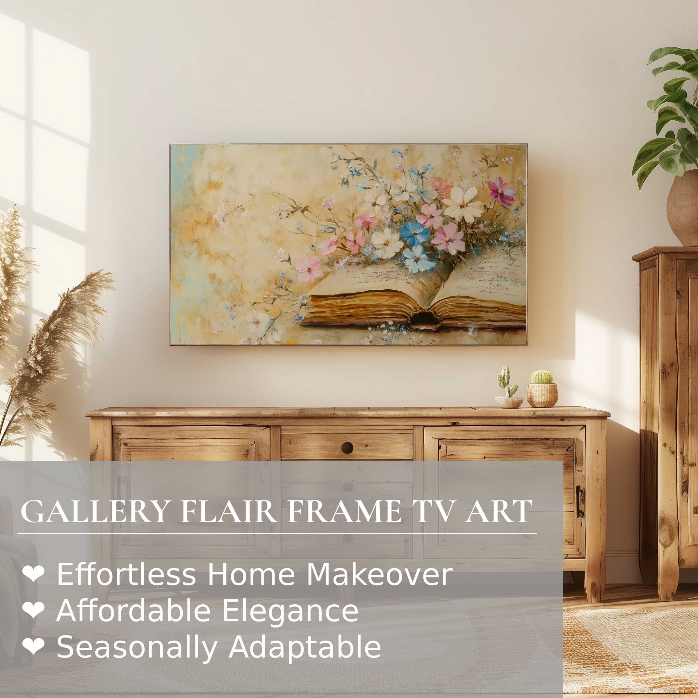 Samsung Frame TV showcasing elegant floral digital artwork above rustic wooden sideboard in bright, modern living room