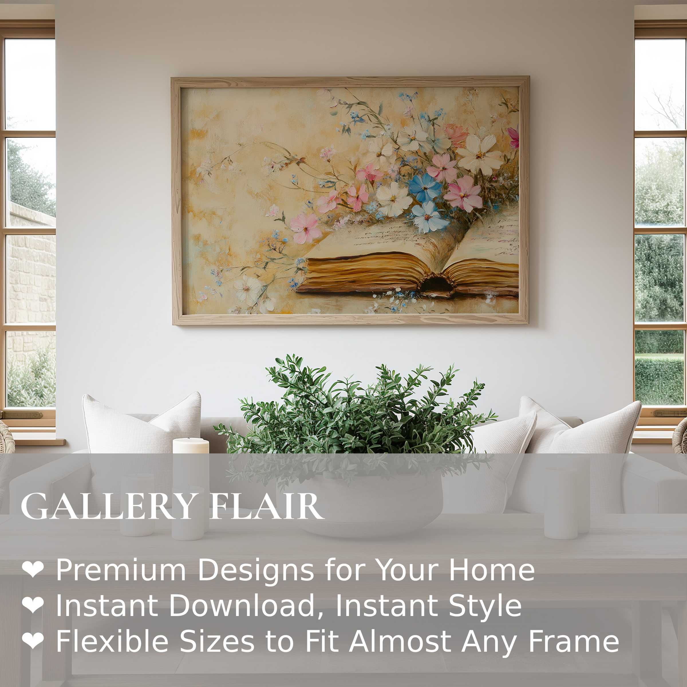 Floral wall art print with soft pastel blooms and vintage book art, elevating serene modern farmhouse interiors with timeless elegance