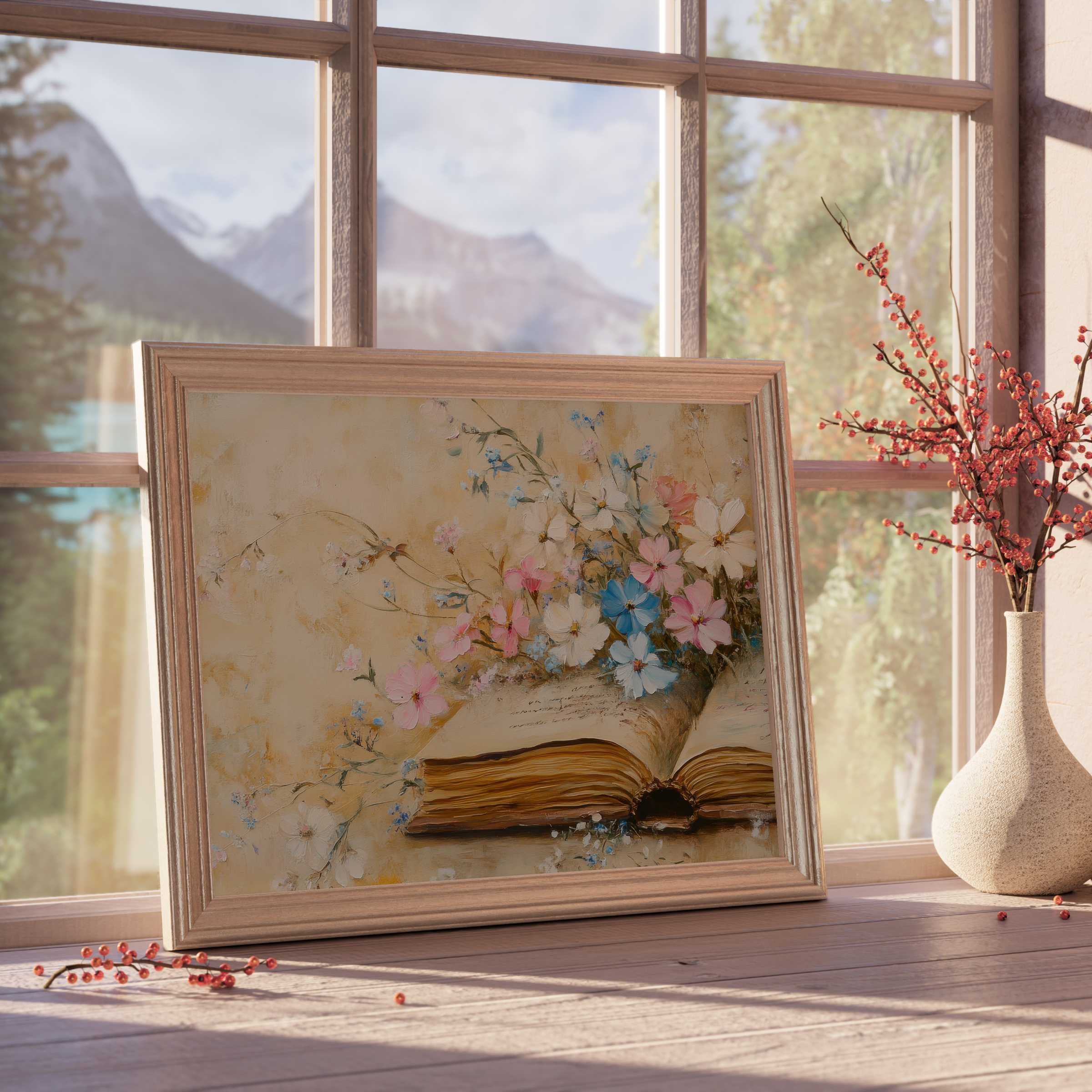 Floral downloadable art merging vintage books and delicate blossoms, radiating serene charm in curated, tranquil interiors