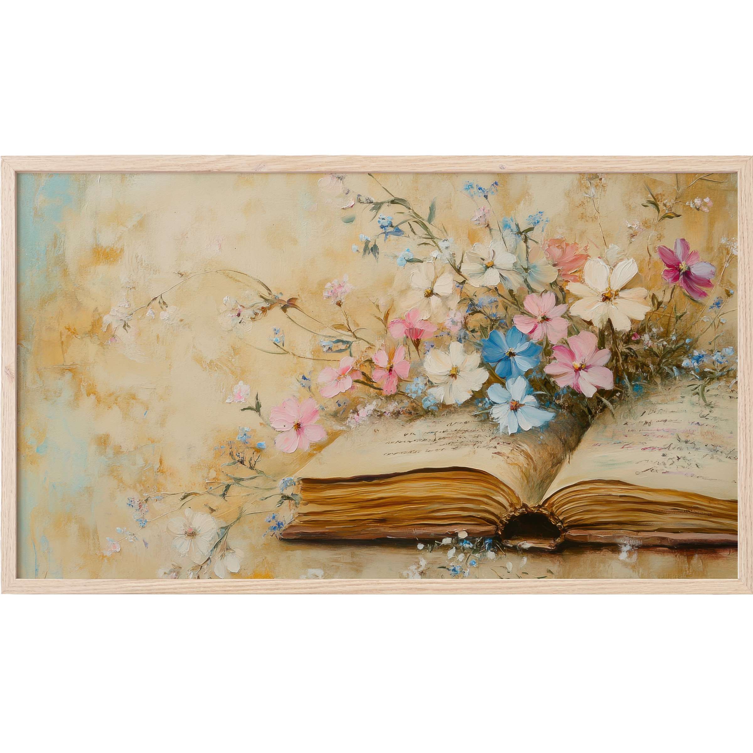 Floral Frame TV Art with soft pastels and textured brushstrokes depicting blooming flowers from antique book pages
