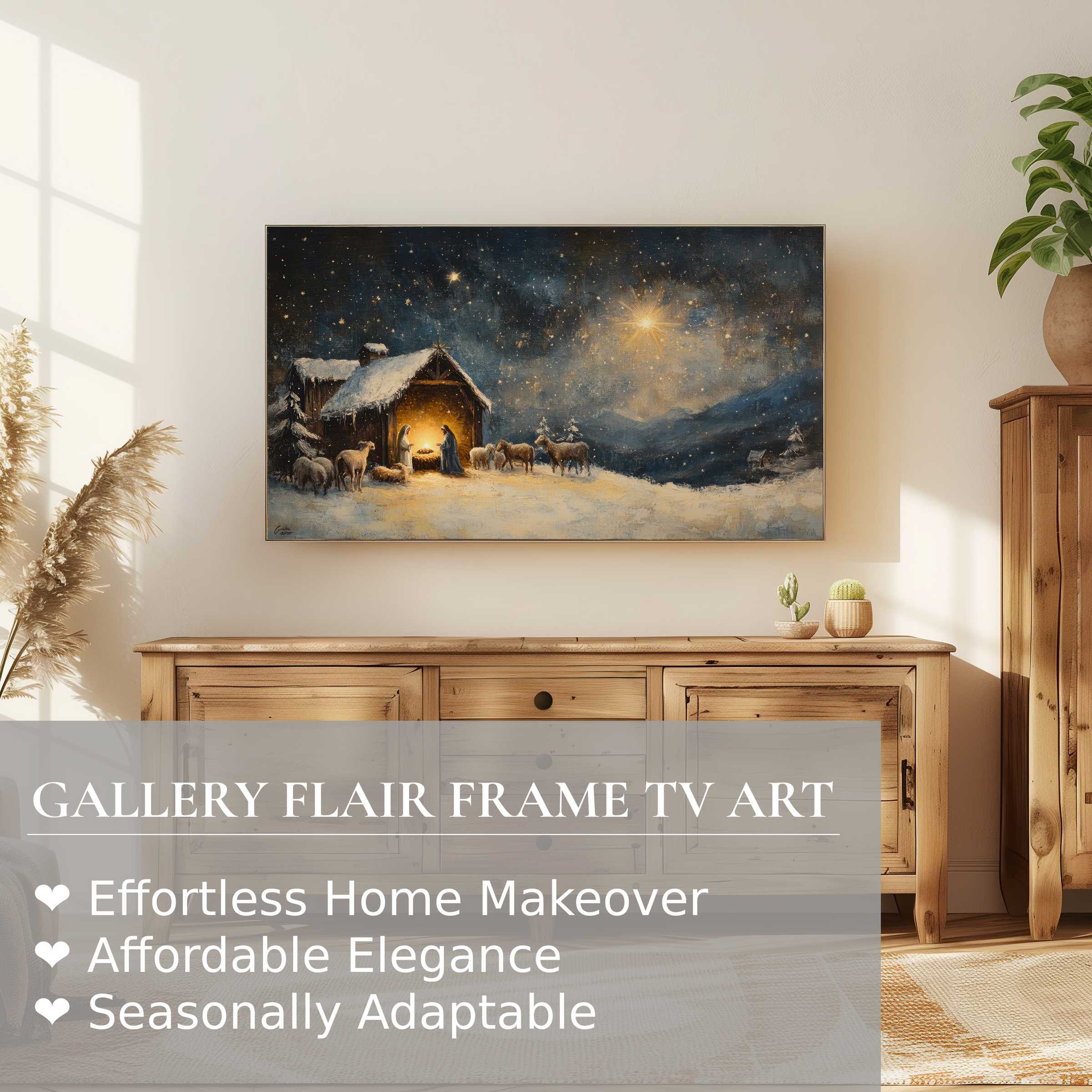 Samsung Frame TV showcases elegant christmas digital artwork of a serene nativity scene in a modern cozy setting