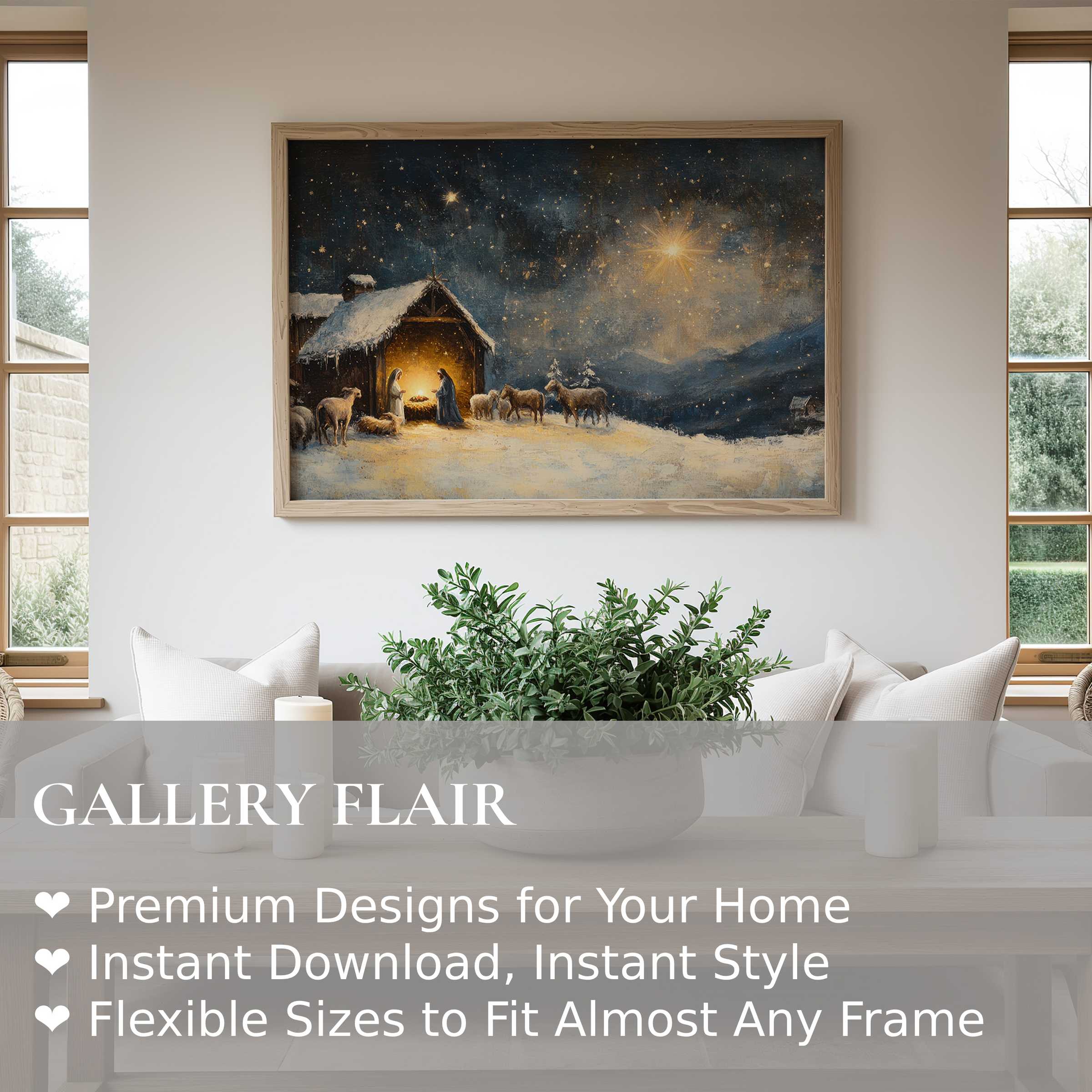 Christmas wall art print featuring a radiant nativity scene with warm glow, enriching modern minimalist interiors with timeless holiday elegance