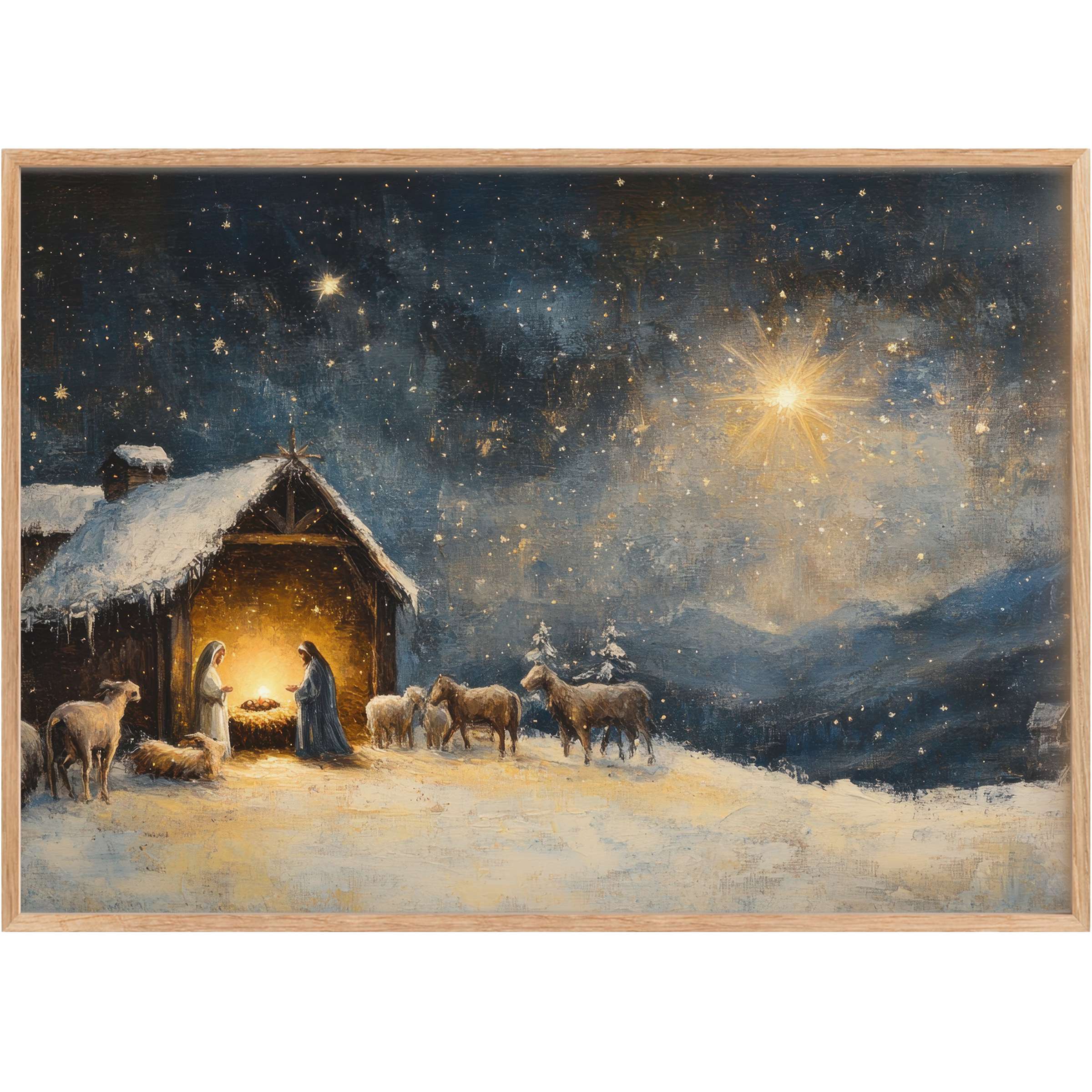 Christmas printable wall art capturing a serene nativity scene with warm golden light and a tranquil snowy midnight sky