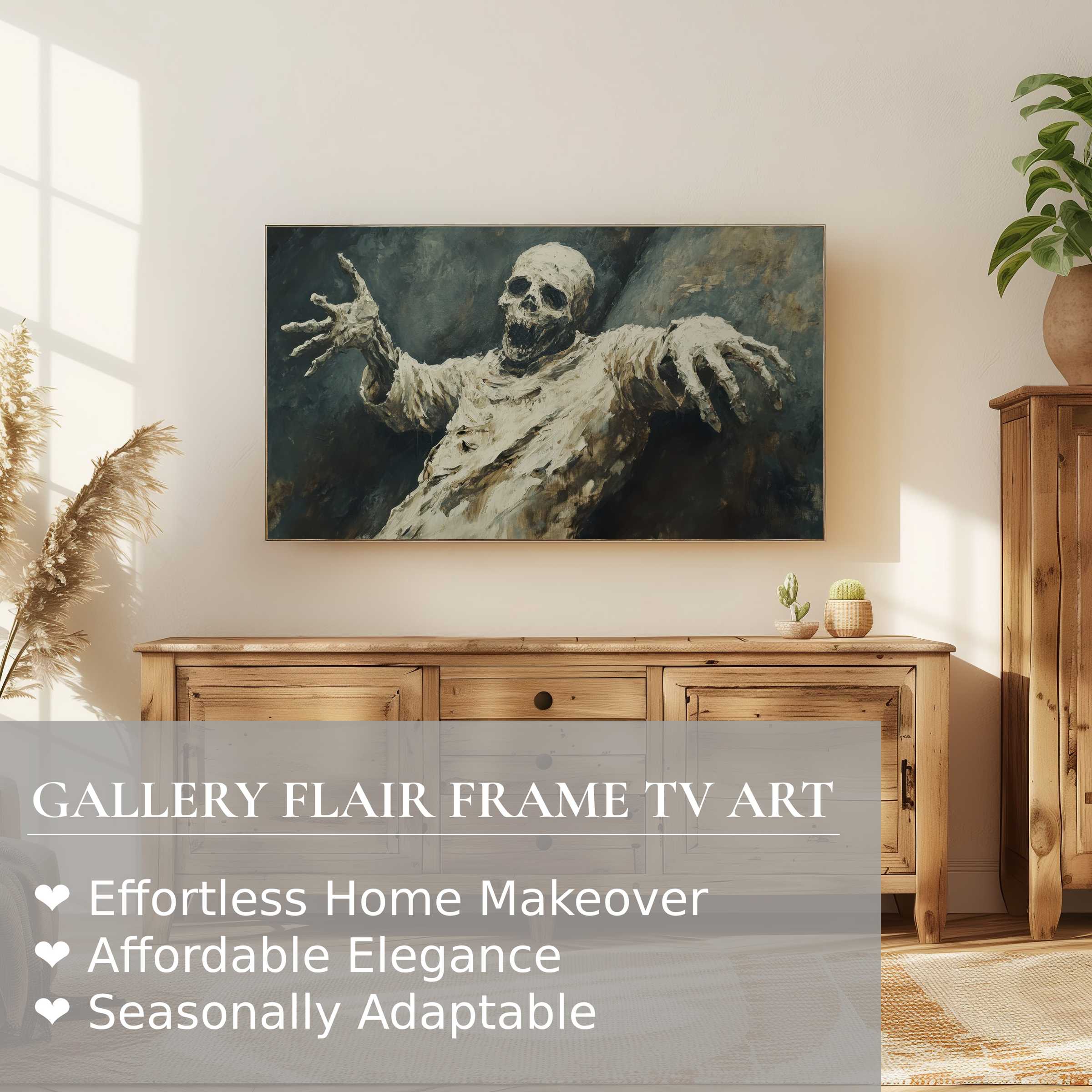 Samsung Frame TV displays hauntingly elegant halloween digital artwork in a modern, sunlit living space with natural wood tones