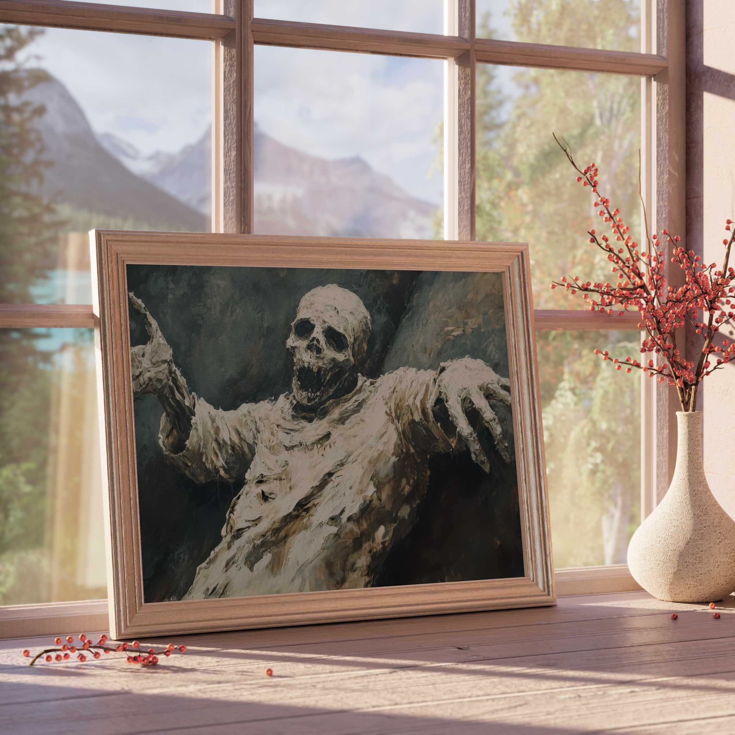 Halloween downloadable art featuring a haunting skeletal figure in muted tones, enriching curated interiors with moody, sophisticated flair
