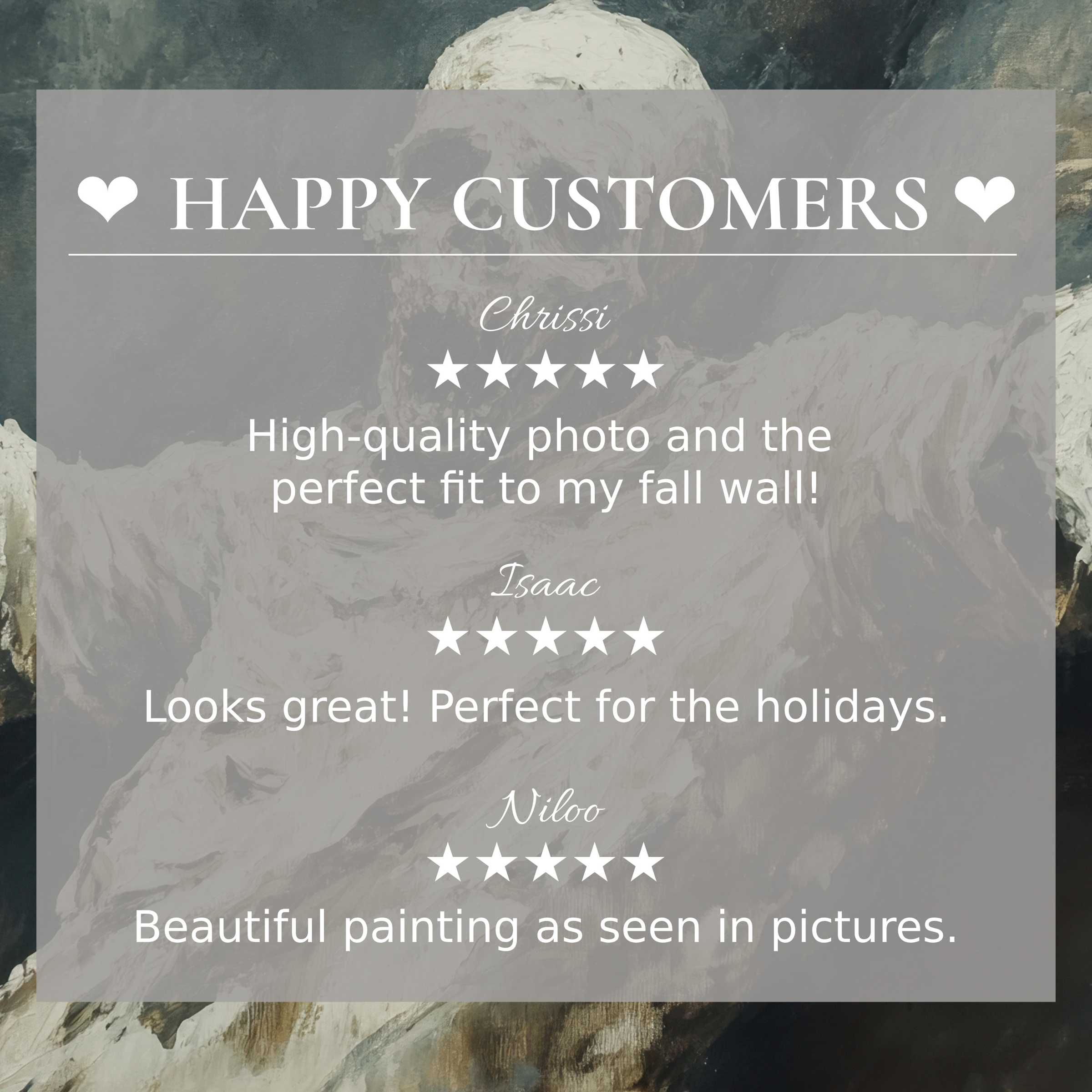 Halloween art for Frame TV with textured skull painting background, showcasing happy customer reviews and elegant trust-building design