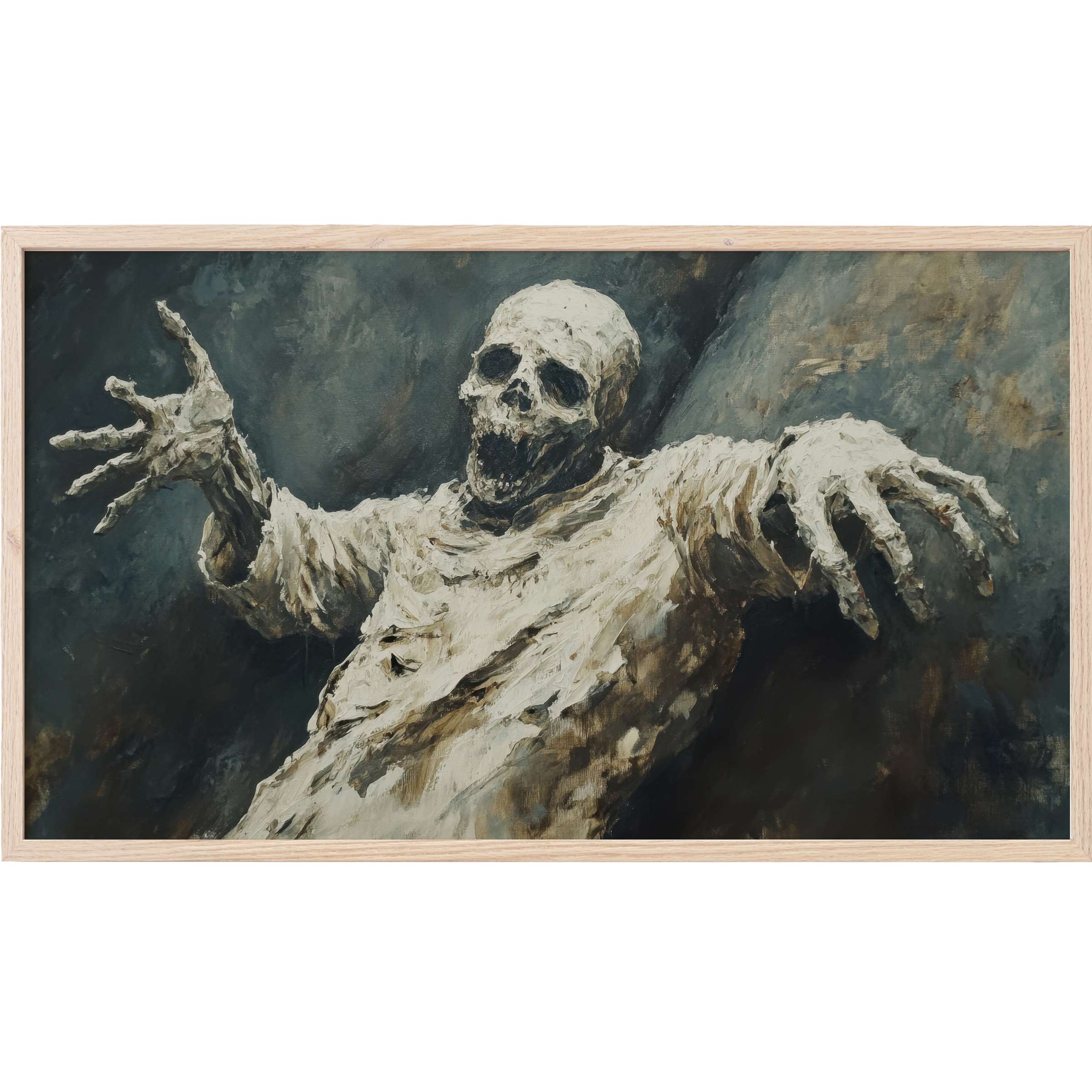 Haunting mummy figure in muted grays and browns, textured brushstrokes evoke eerie depth - halloween Frame TV Art